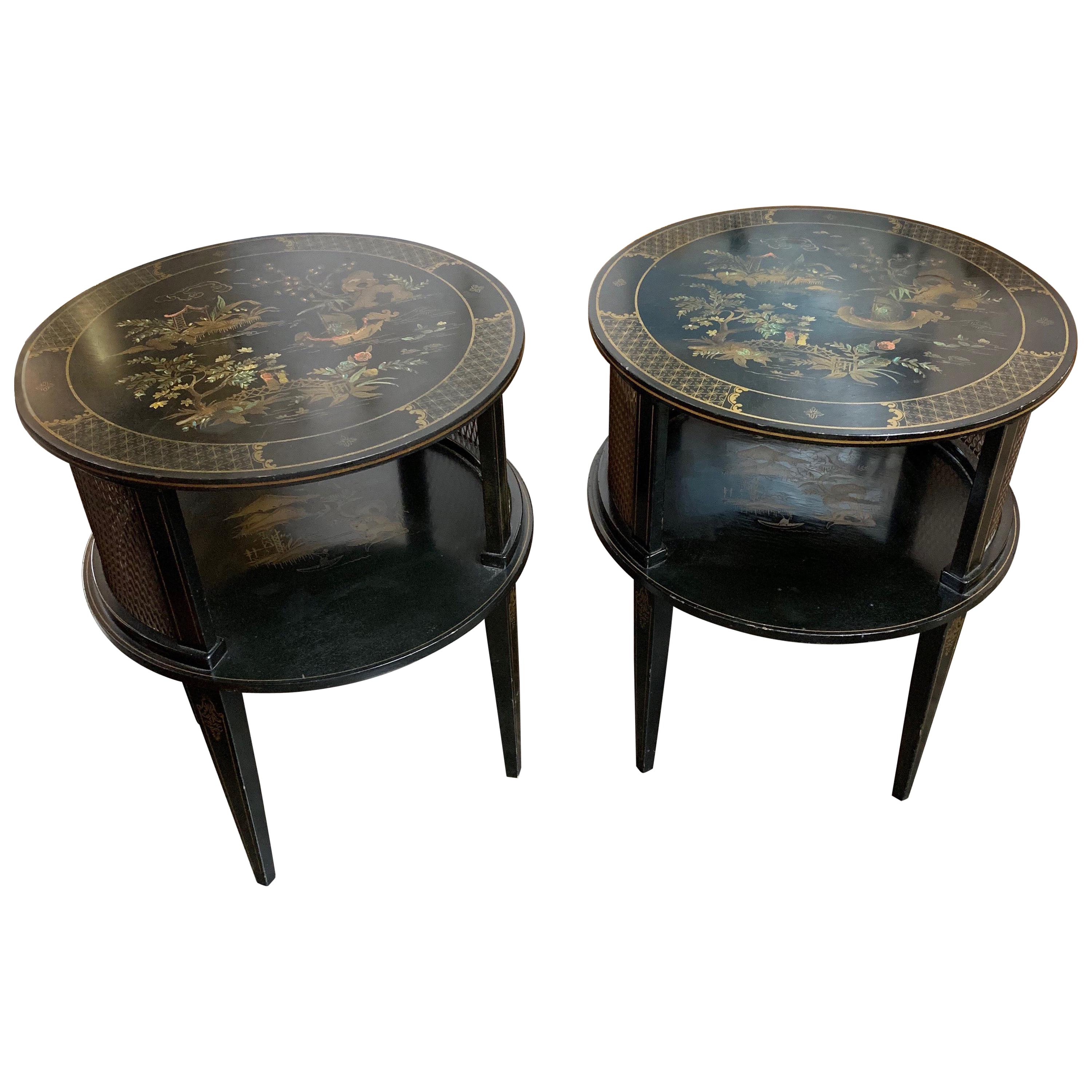 Pair of Chinoiserie Black Lacquered Side Tables