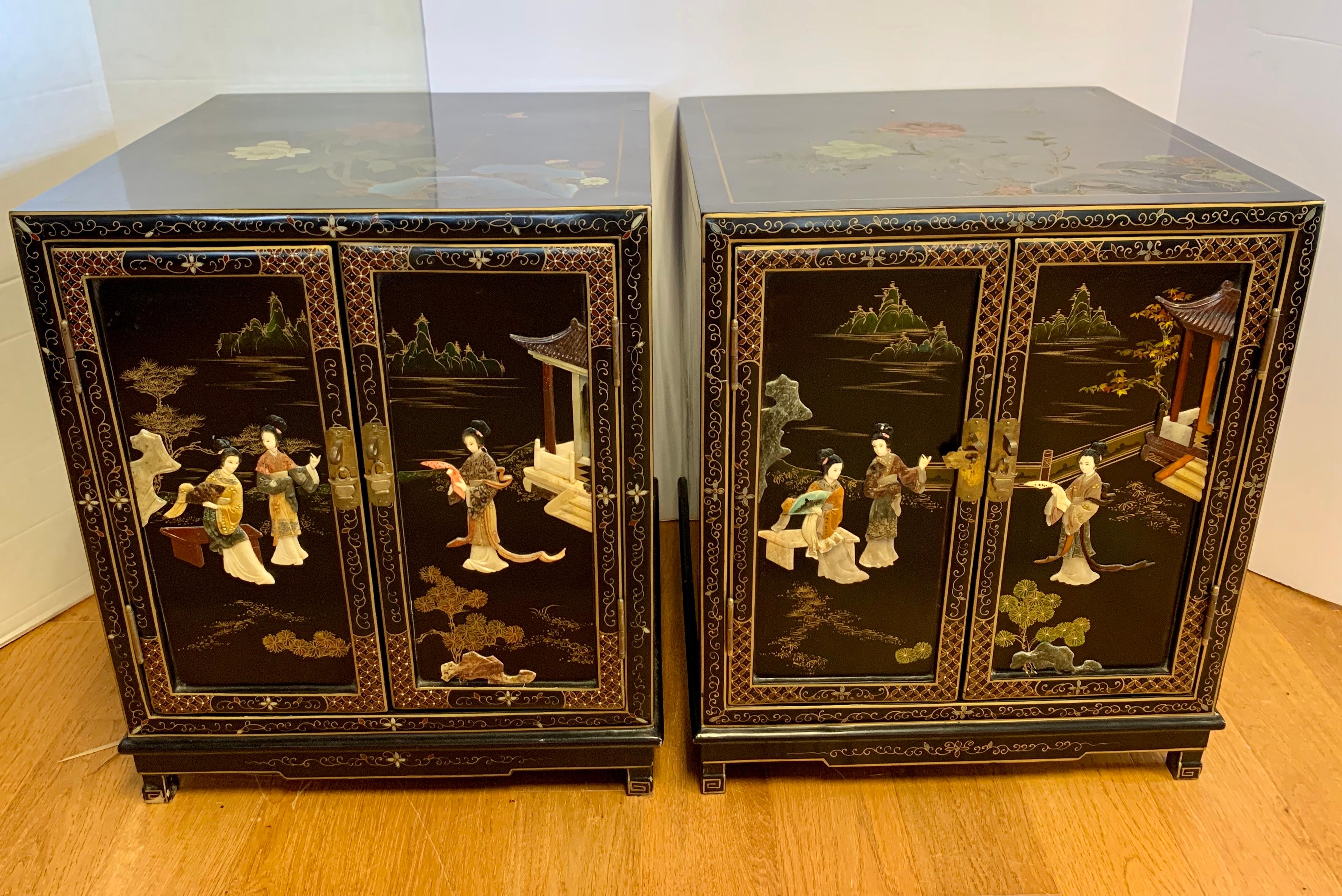 Lacquered Pair of Chinoiserie Black Lacquer Hand Painted Nightstands Cabinets