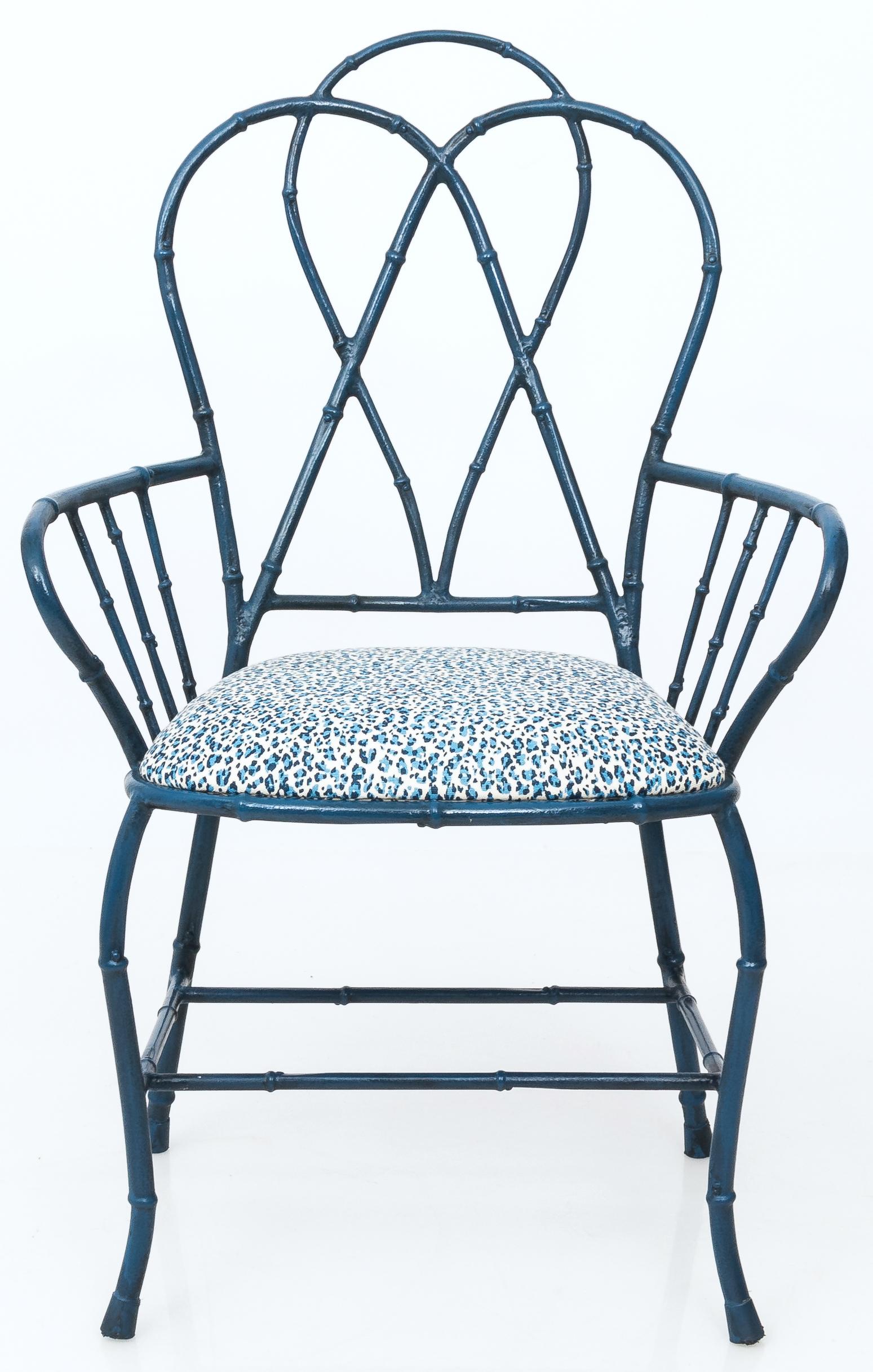 American Pair of Chinoiserie Blue Faux Bamboo Metal Armchairs
