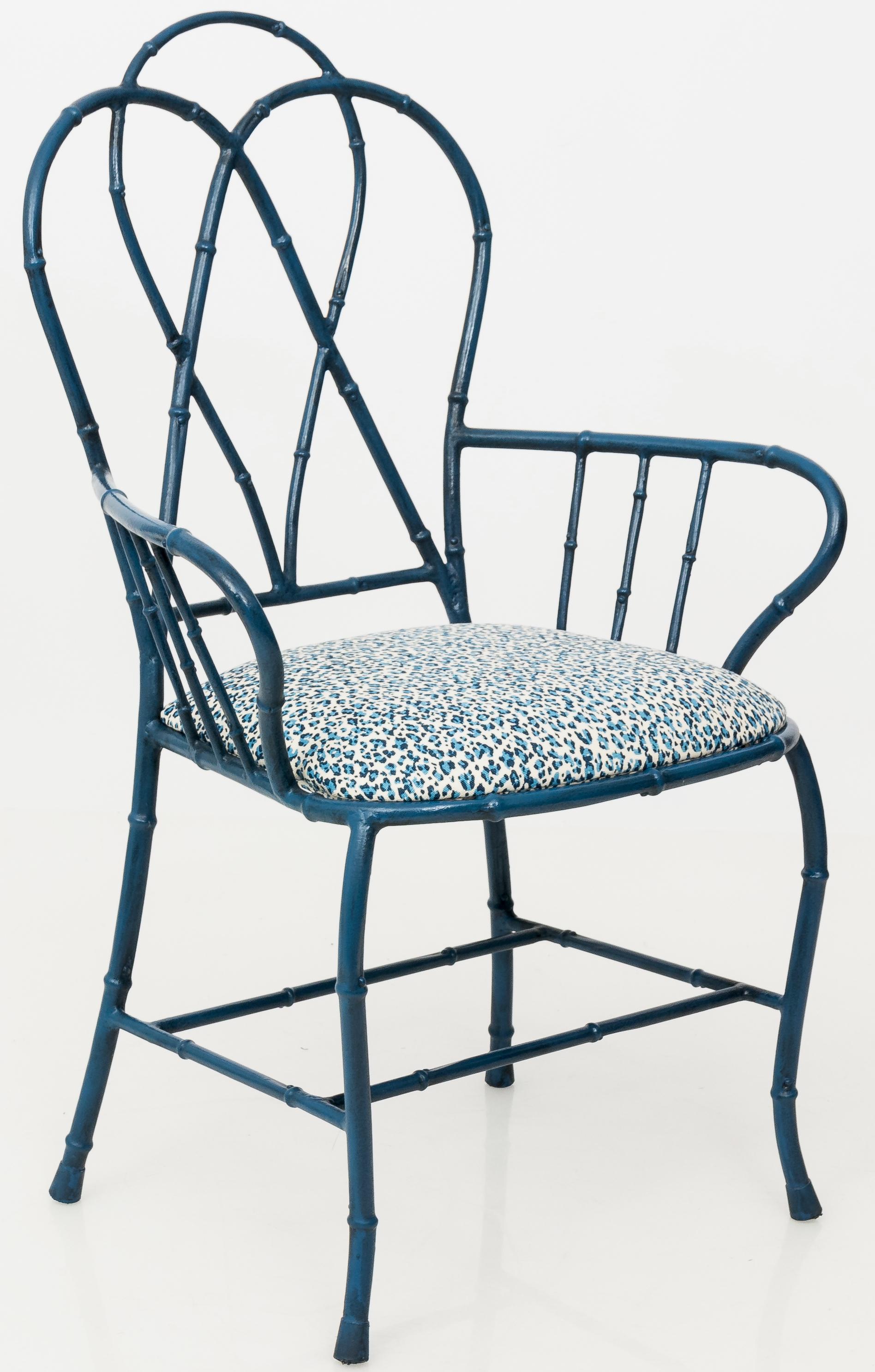 Painted Pair of Chinoiserie Blue Faux Bamboo Metal Armchairs