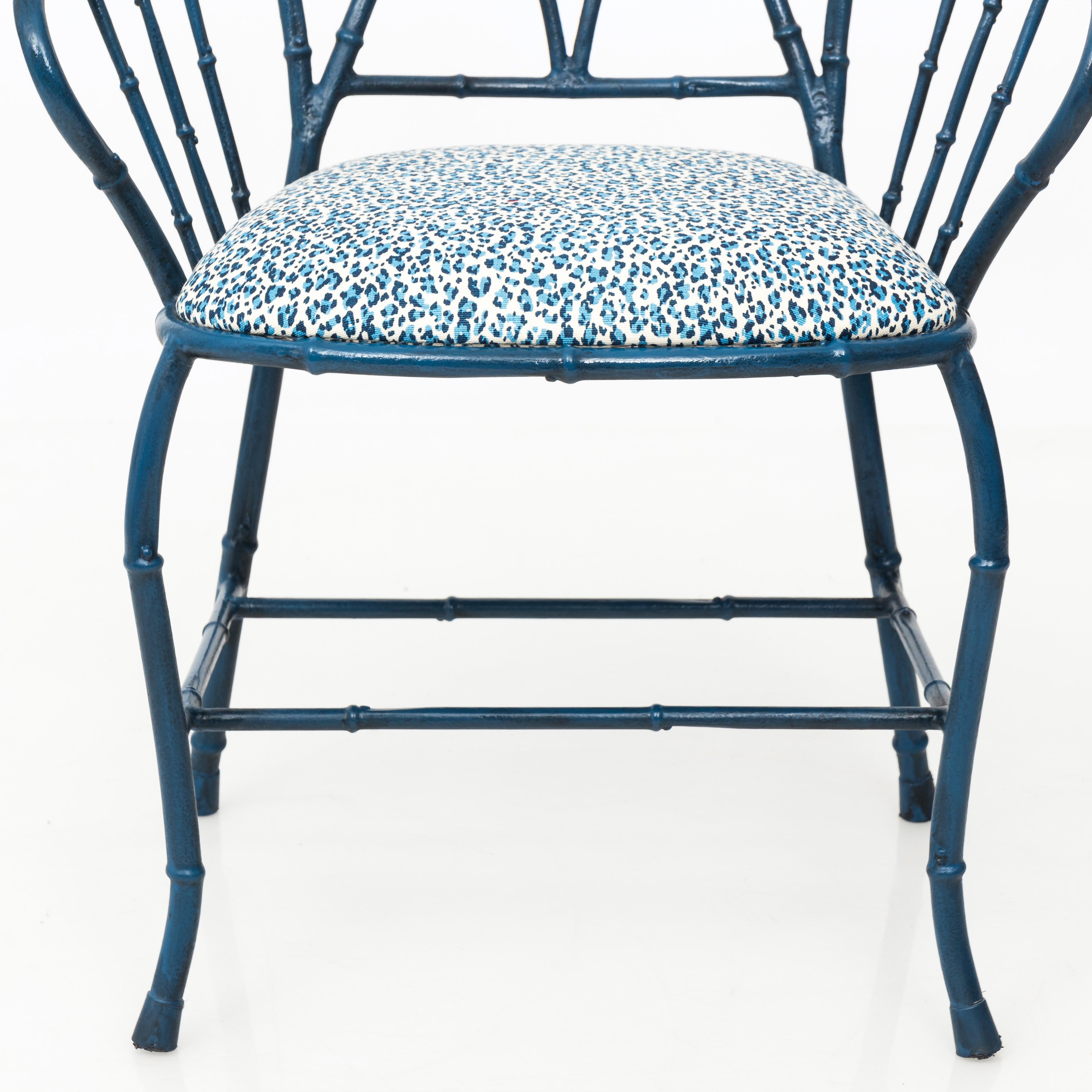 Pair of Chinoiserie Blue Faux Bamboo Metal Armchairs 1