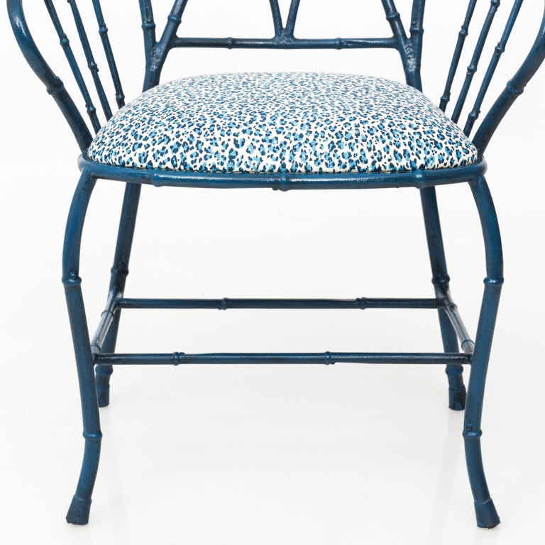 Pair of Chinoiserie Blue Faux Bamboo Metal Armchairs For Sale at 1stDibs