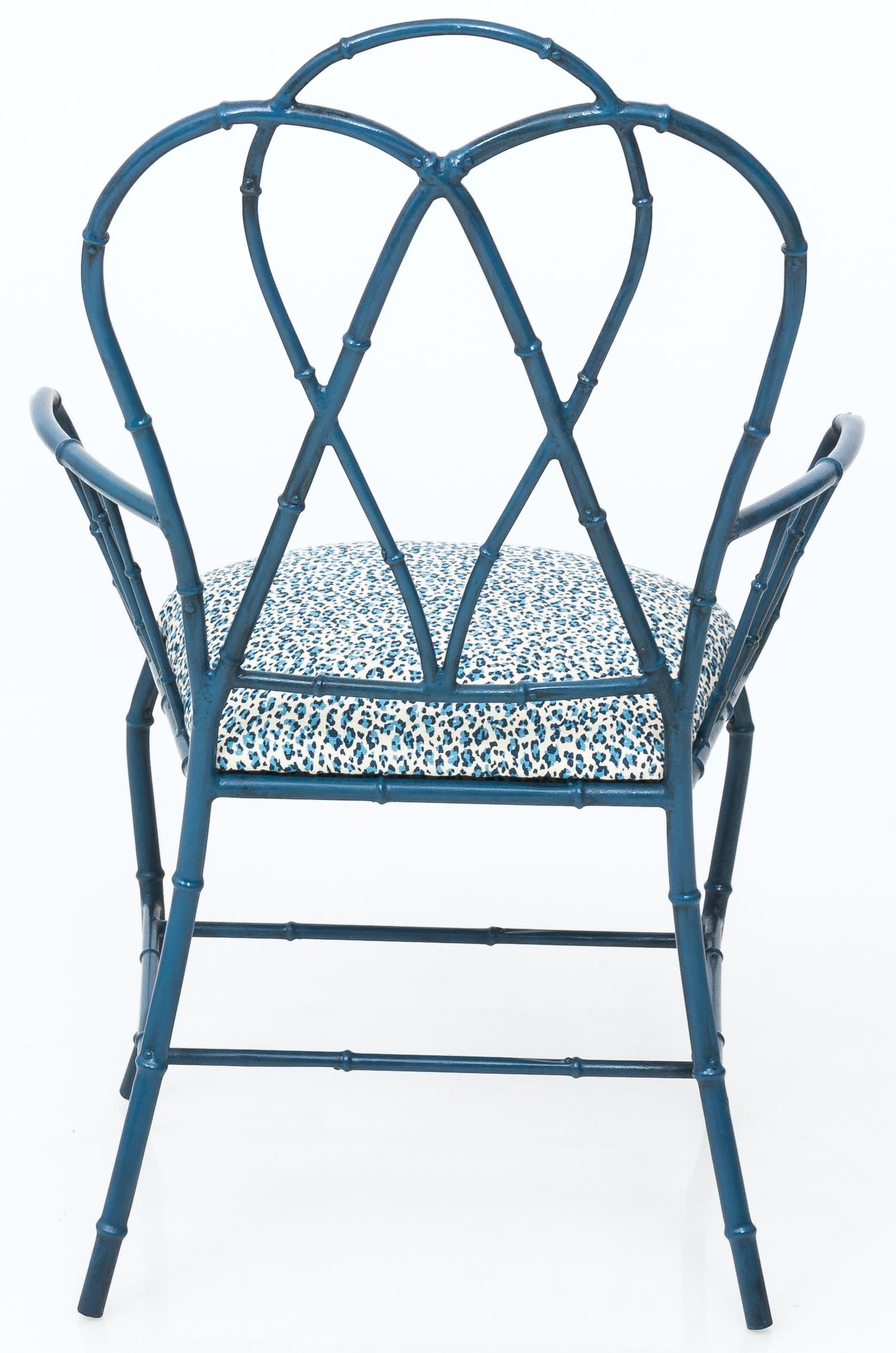 Pair of Chinoiserie Blue Faux Bamboo Metal Armchairs 3