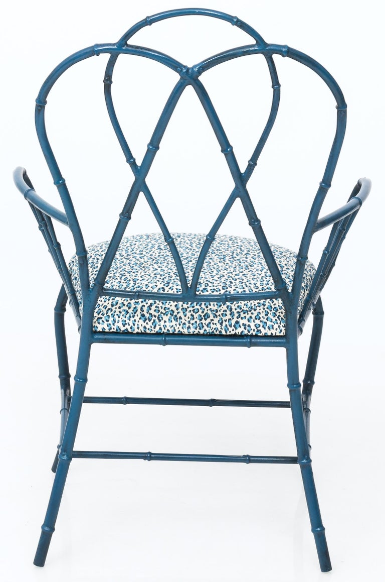 Pair of Chinoiserie Blue Faux Bamboo Metal Armchairs For Sale at 1stDibs