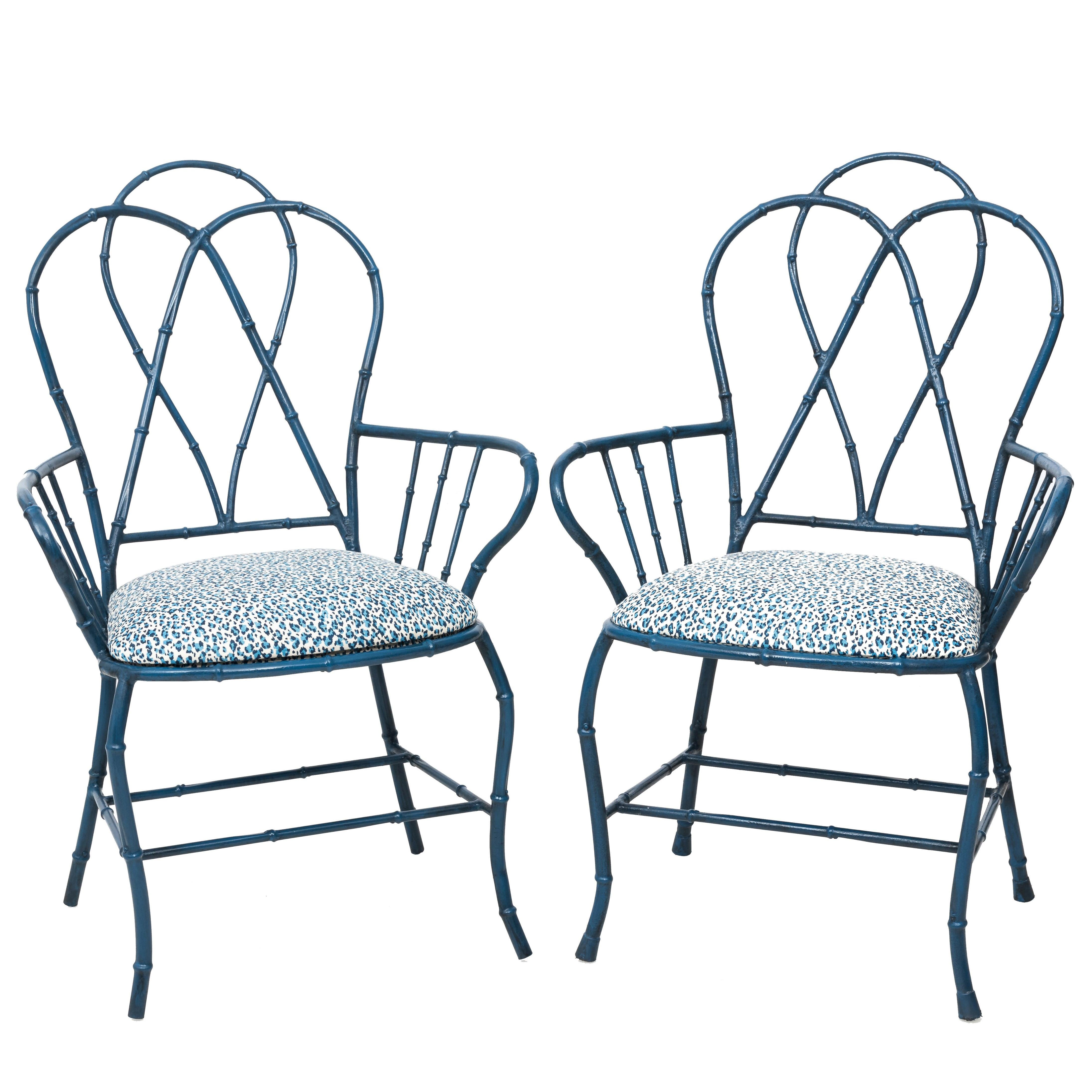 Pair of Chinoiserie Blue Faux Bamboo Metal Armchairs