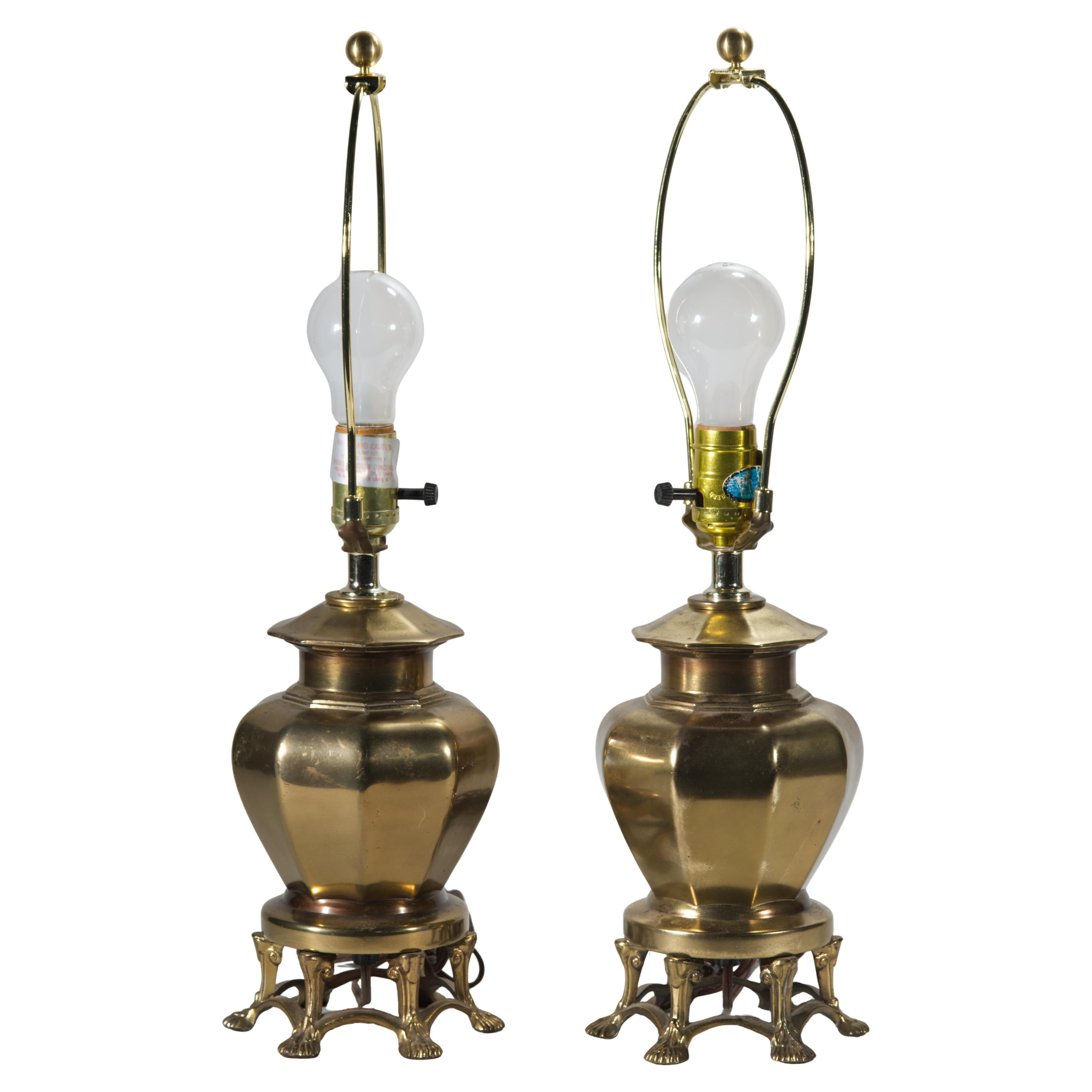 Pair of Chinoiserie Bronze Ginger Jar Urn Table Lamps on Claw Foot Bases