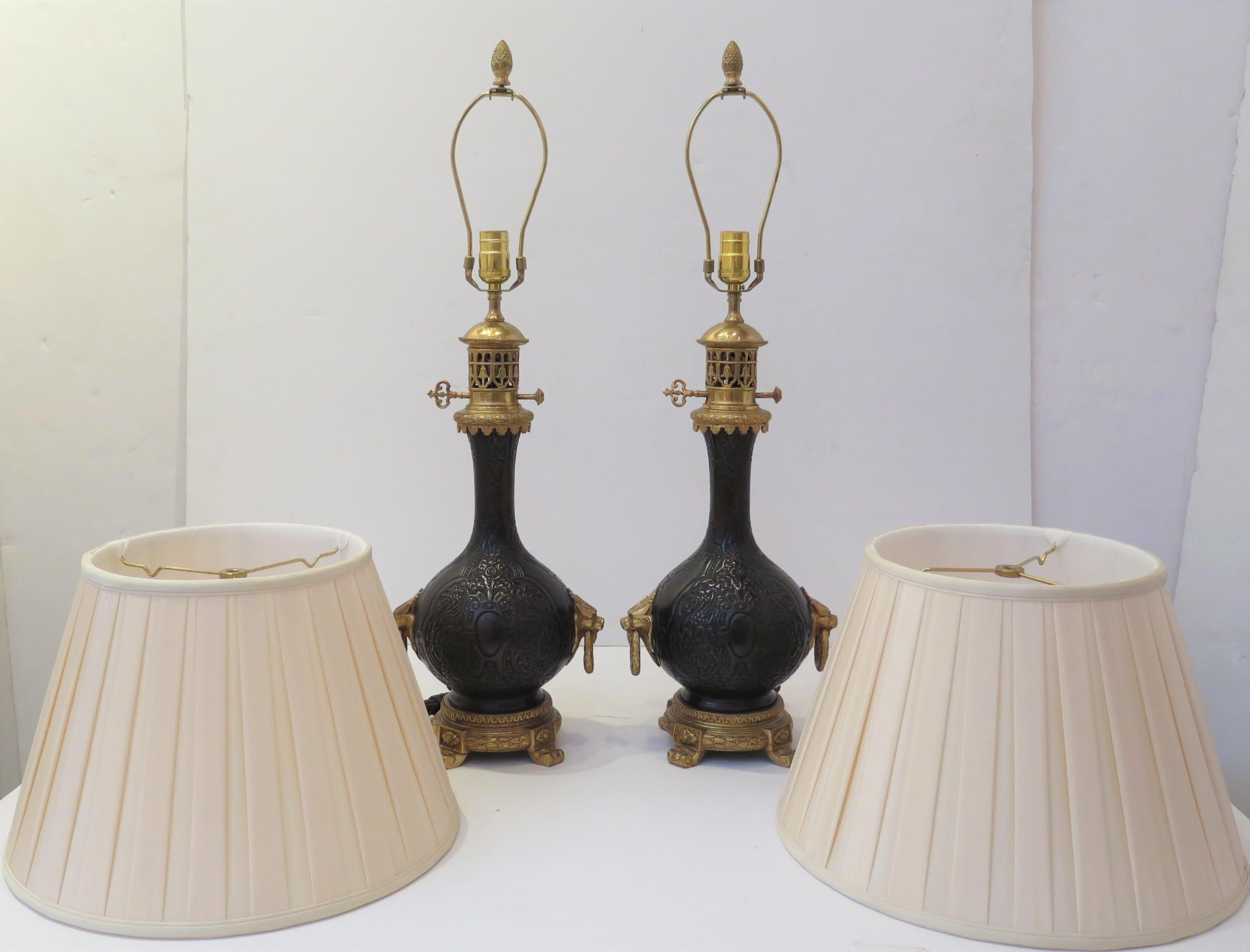 Pair of Chinoiserie Bronzed Metal Electrified Oil Lamps For Sale 5