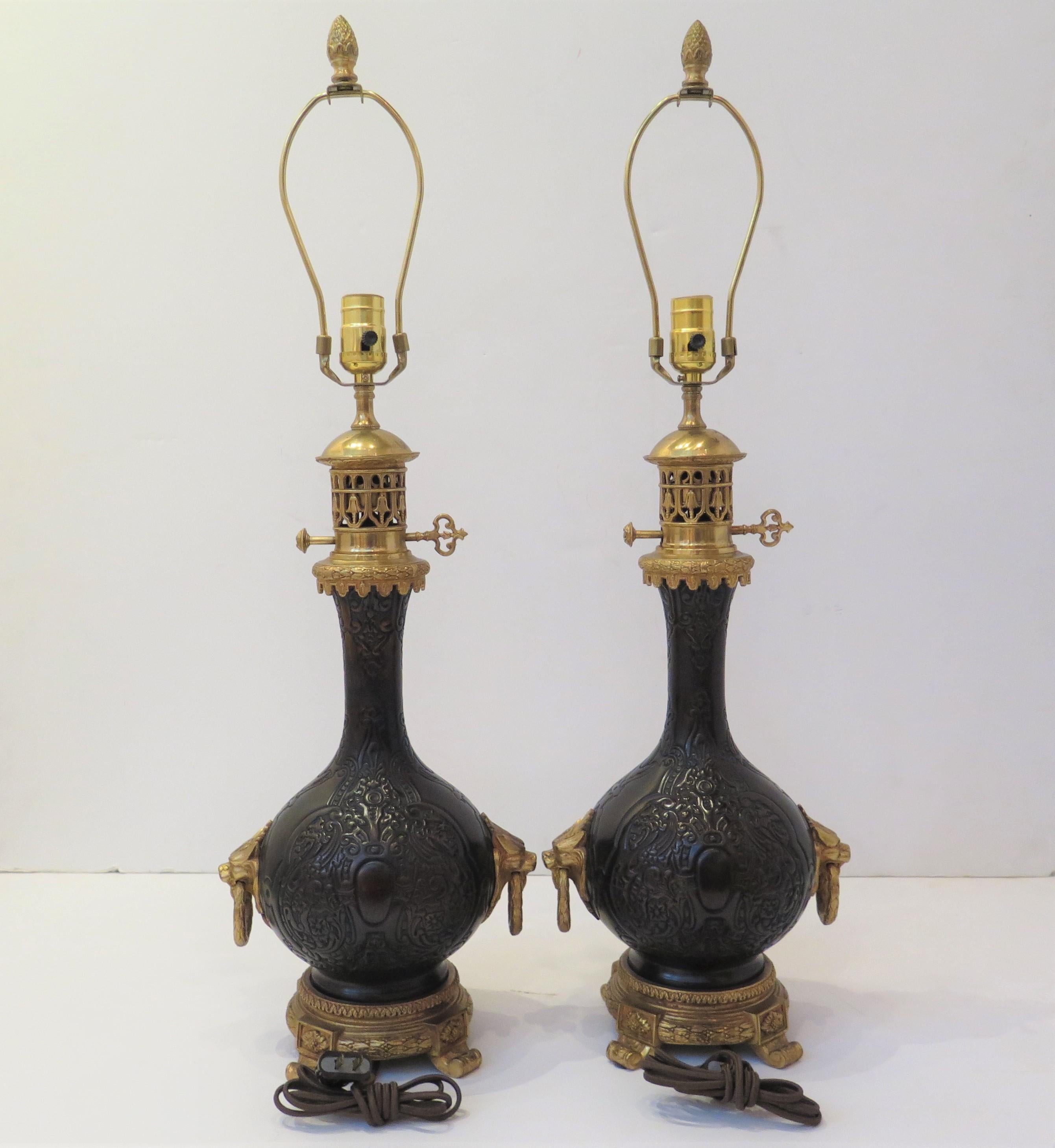 Pair of Chinoiserie Bronzed Metal Electrified Oil Lamps 6