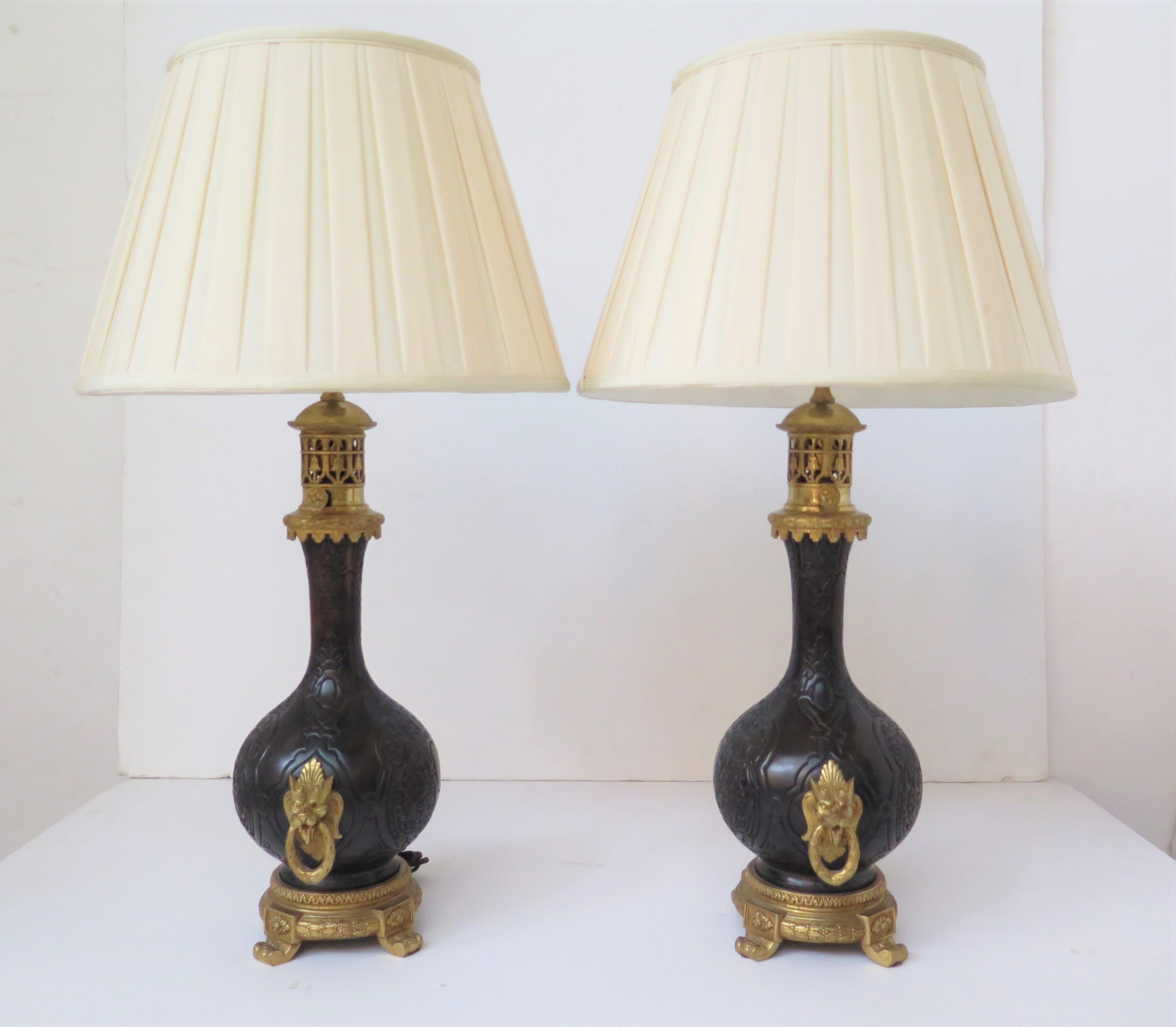 Belgian Pair of Chinoiserie Bronzed Metal Electrified Oil Lamps
