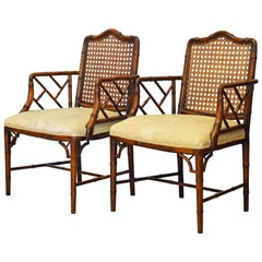 Pair of Chinoiserie Chippendale Style Upholstered Faux Bamboo Wooden Armchairs