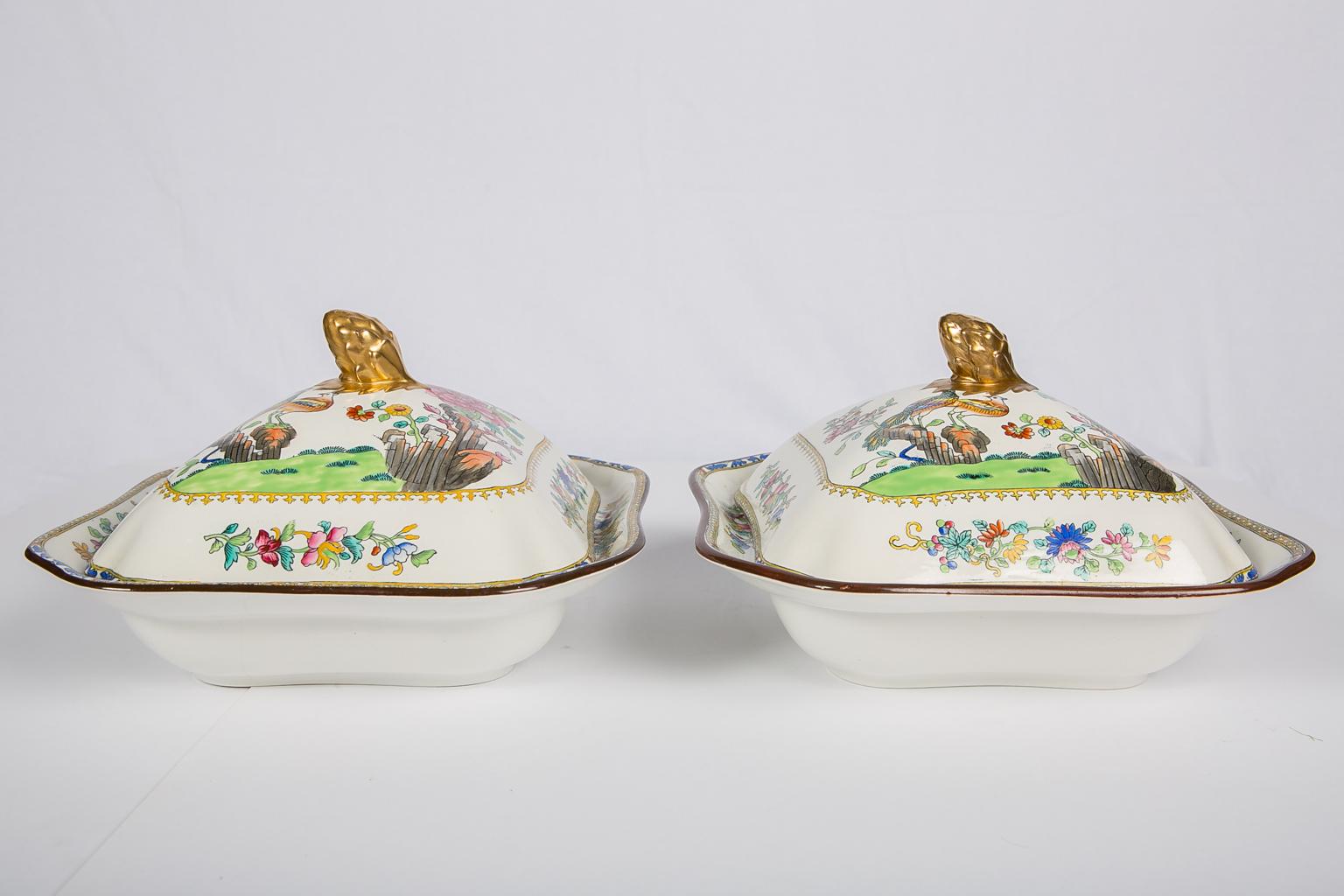 Pair of Chinoiserie Covered Dishes Made in England circa 1850 5