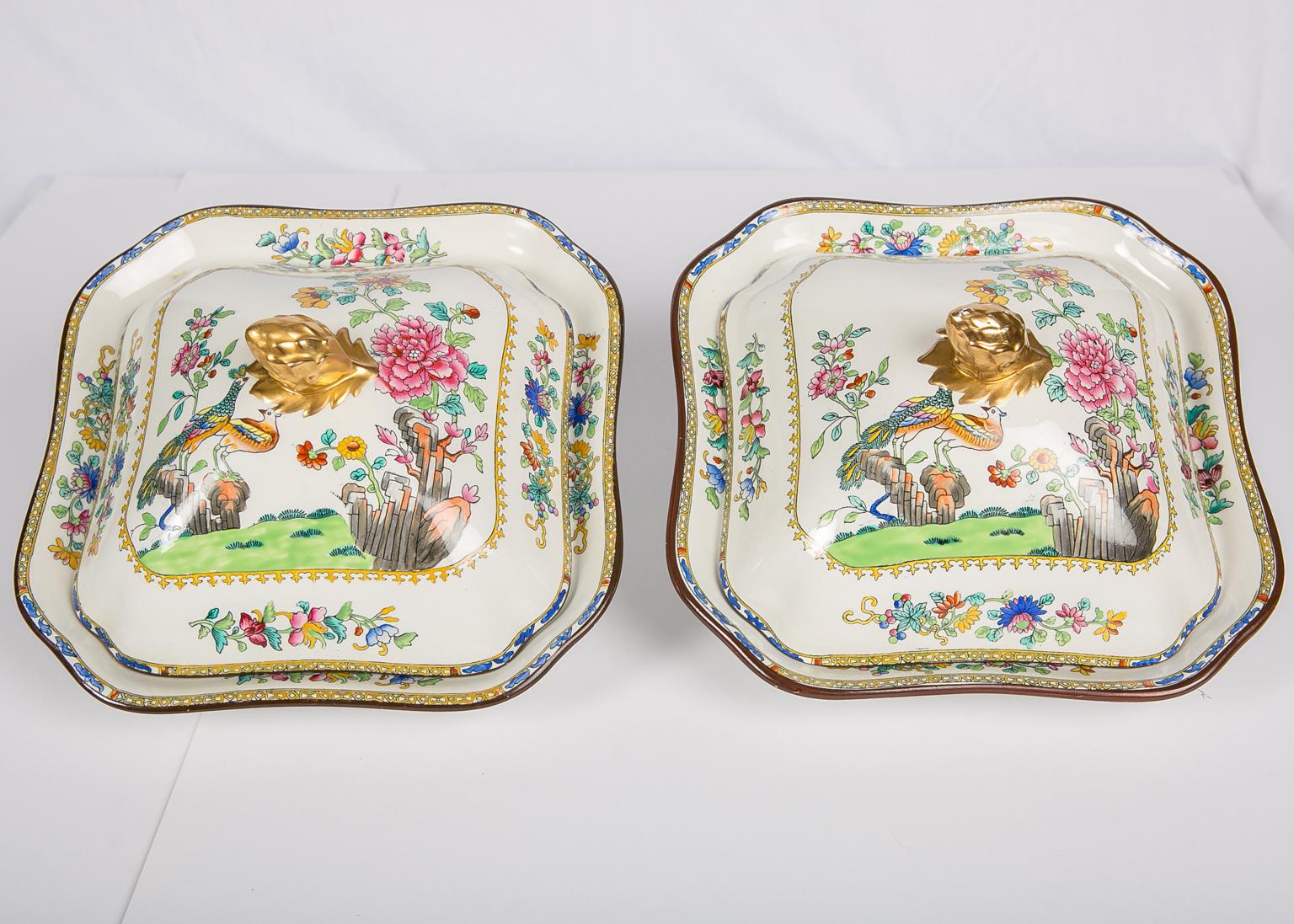 Pair of Chinoiserie Covered Dishes Made in England circa 1850 6