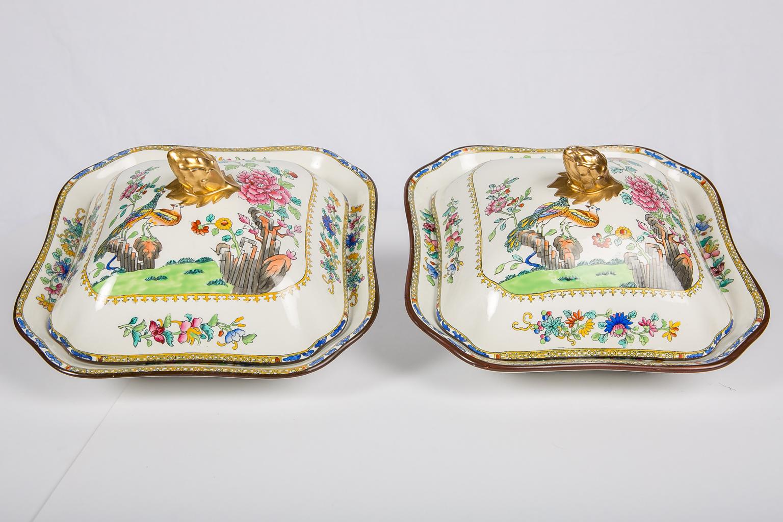 Pair of Chinoiserie Covered Dishes Made in England circa 1850 7