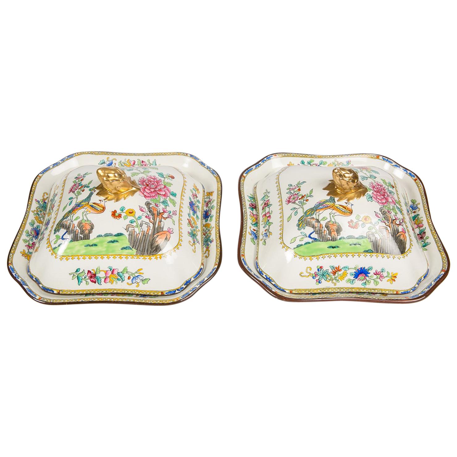 Pair of Chinoiserie Covered Dishes Made in England circa 1850