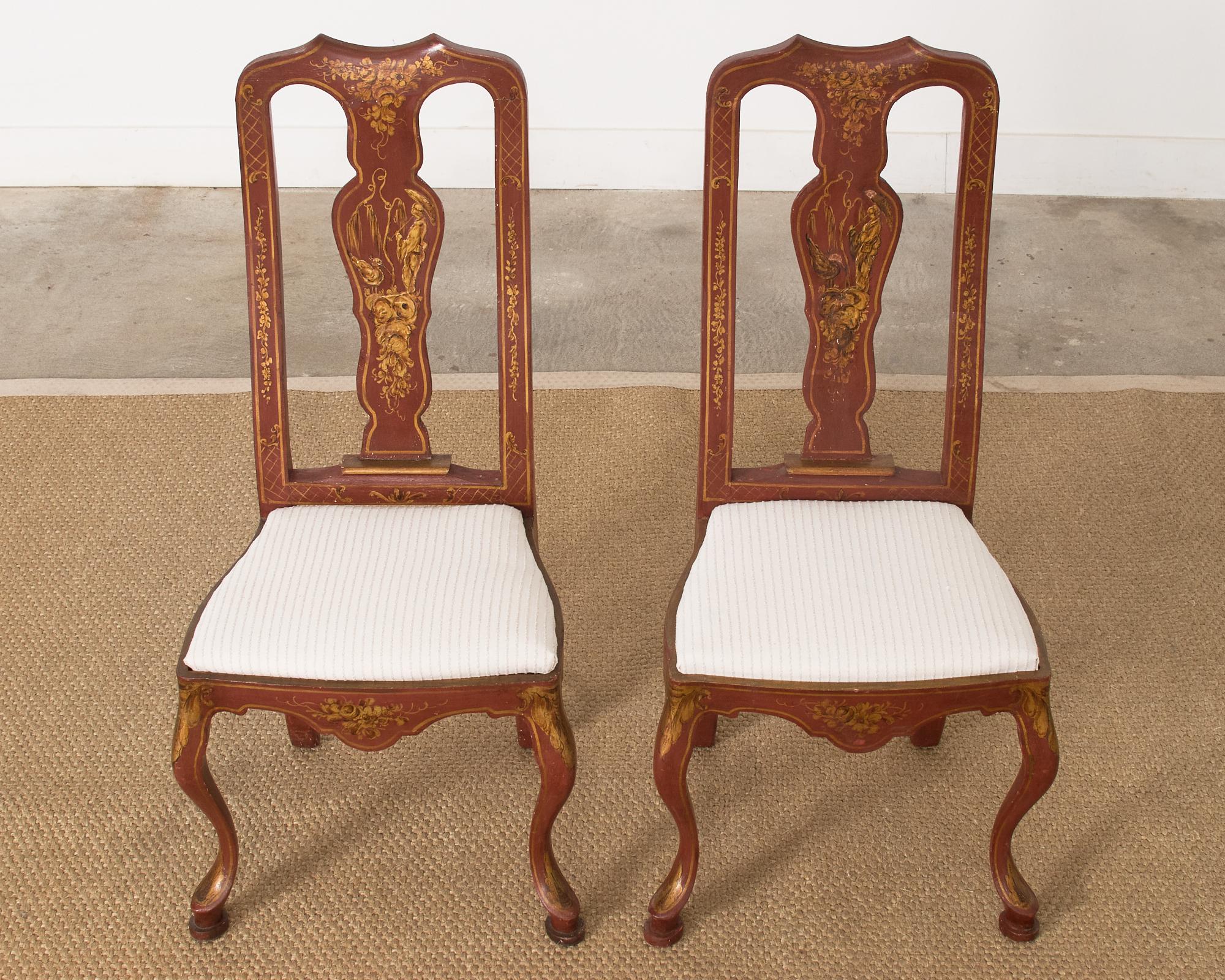 Painted Pair of Chinoiserie Decorated Queen Anne Style Dining Chairs For Sale
