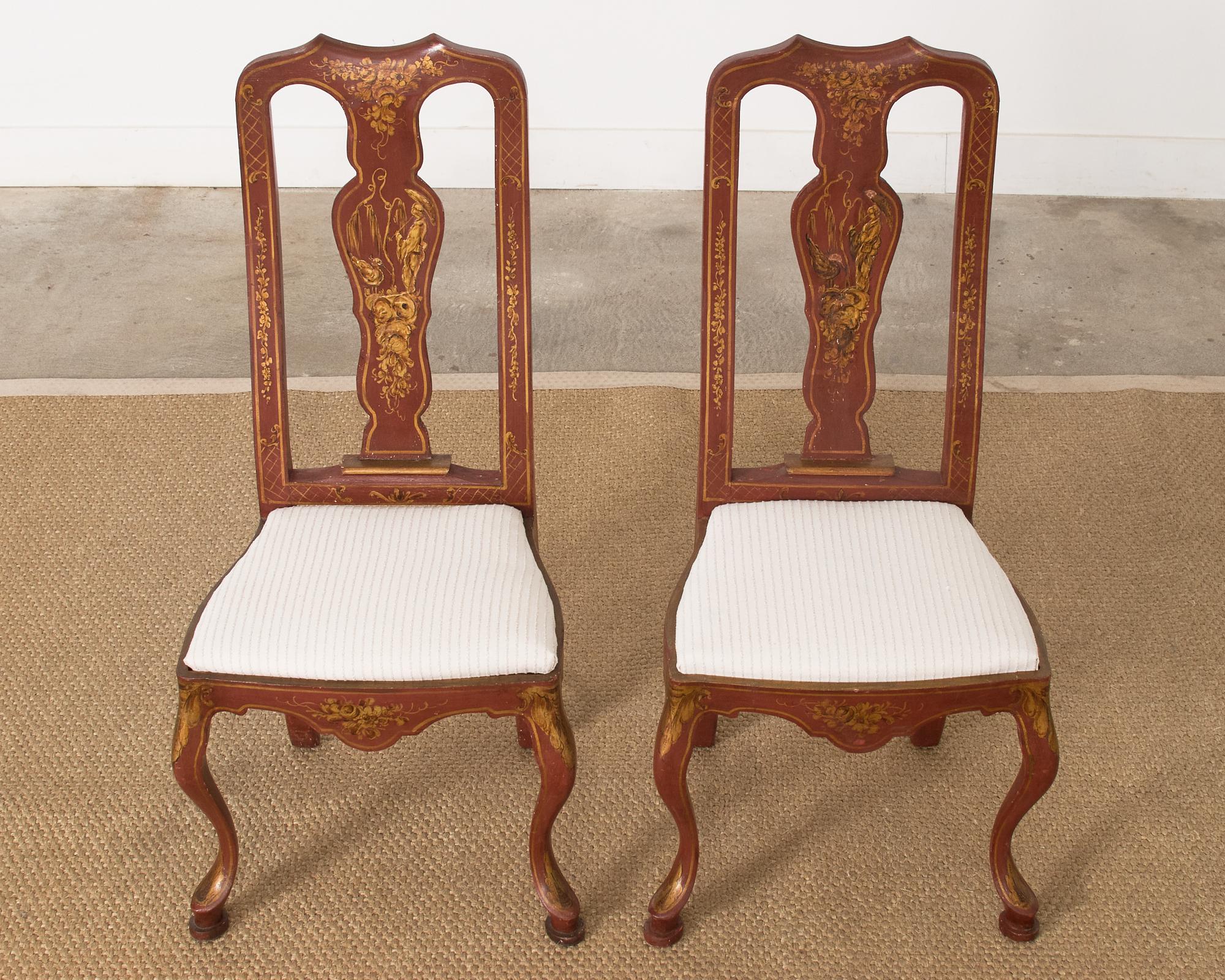 Painted Pair of Chinoiserie Decorated Queen Anne Style Dining Chairs