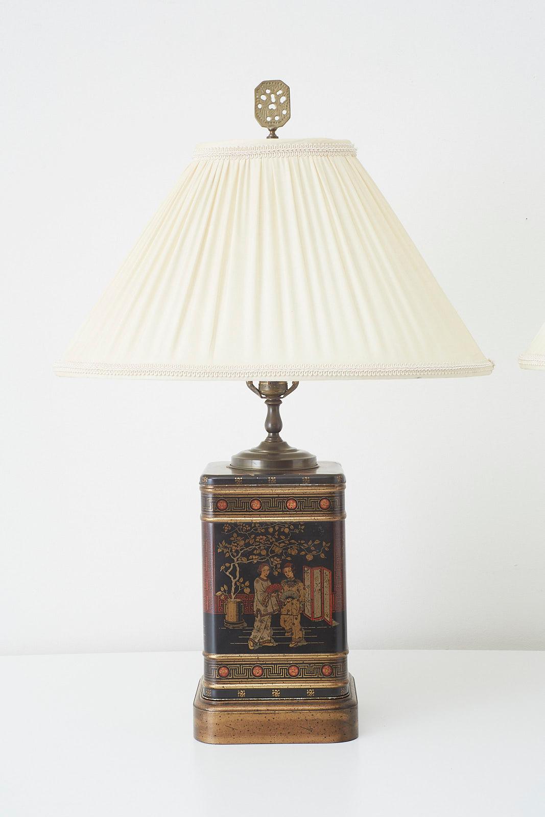 Chinese Pair of Chinoiserie Decorated Tole Tea Canister Lamps