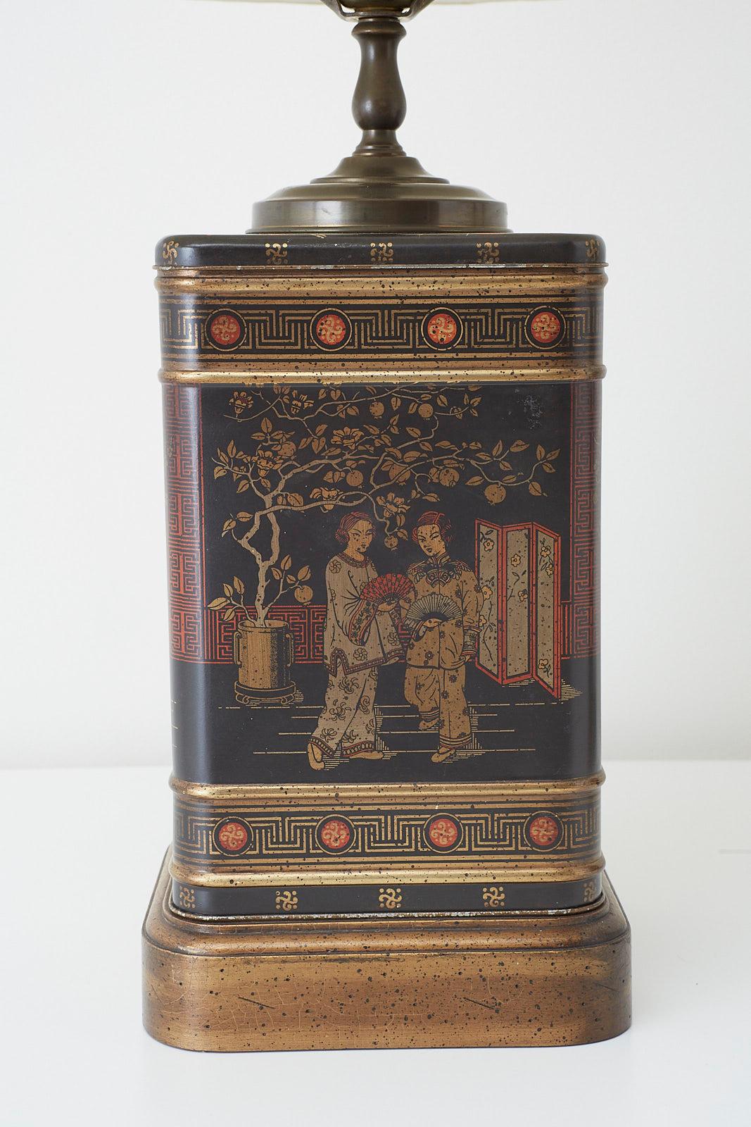 Pair of Chinoiserie Decorated Tole Tea Canister Lamps In Good Condition In Rio Vista, CA