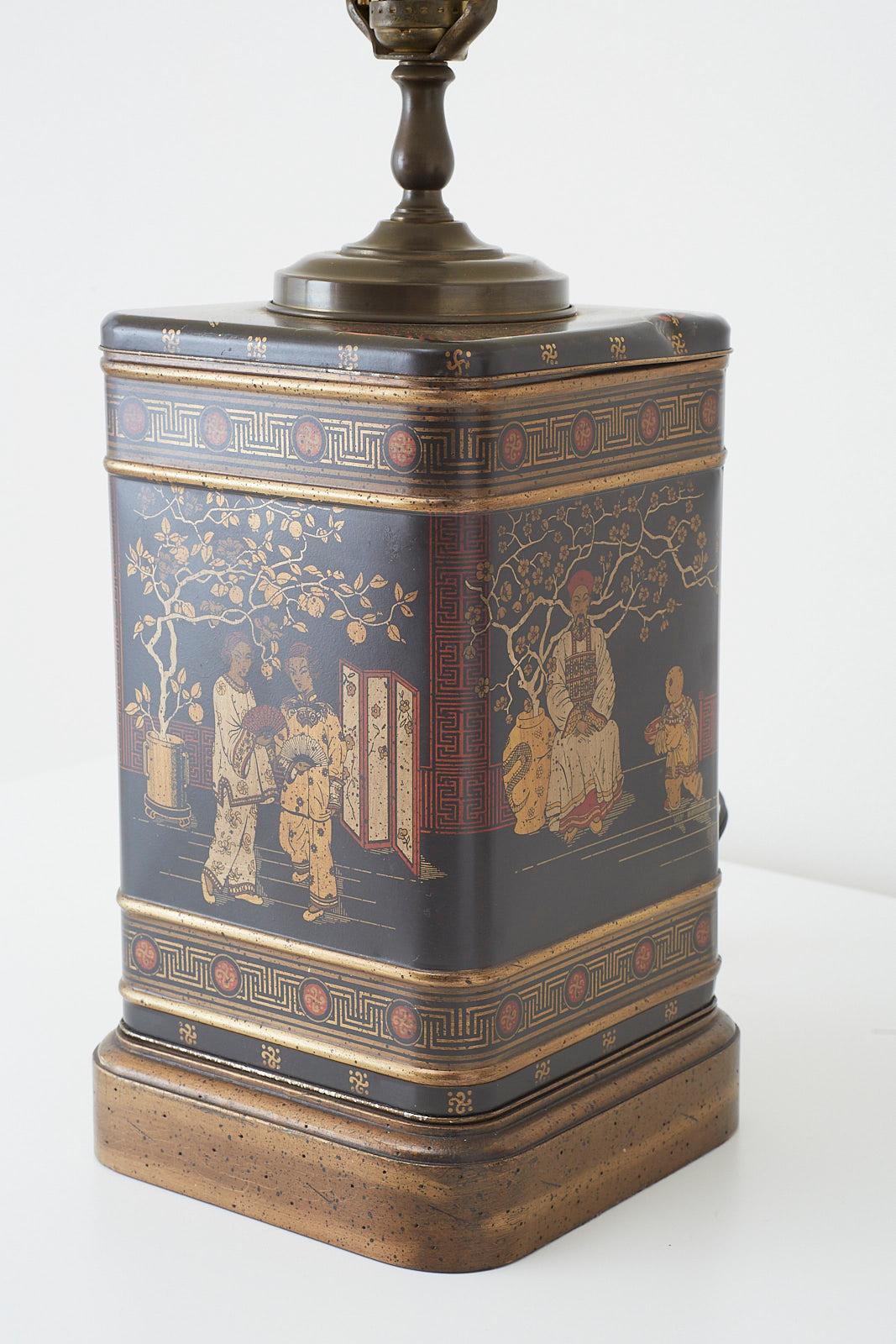 20th Century Pair of Chinoiserie Decorated Tole Tea Canister Lamps