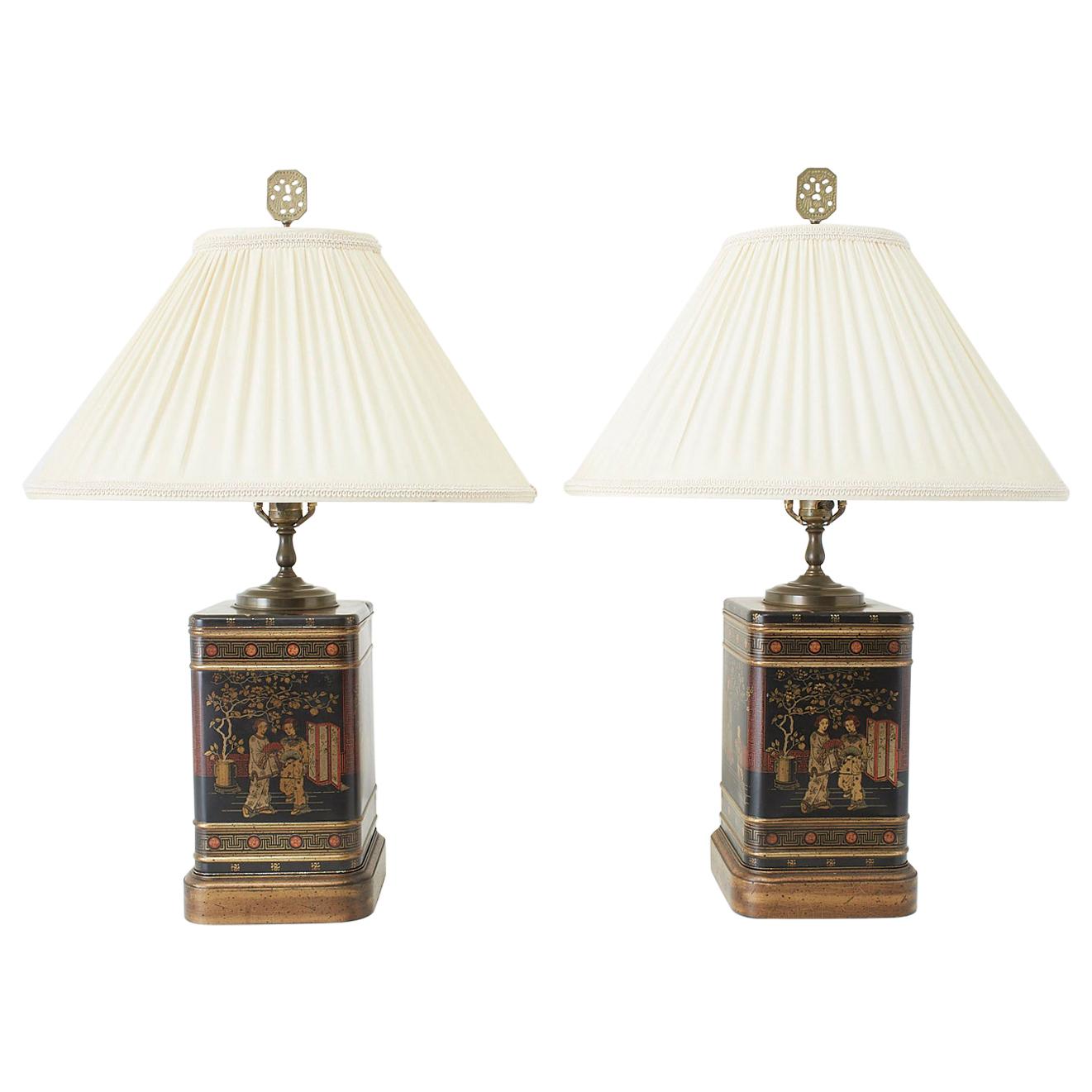 Pair of Chinoiserie Decorated Tole Tea Canister Lamps