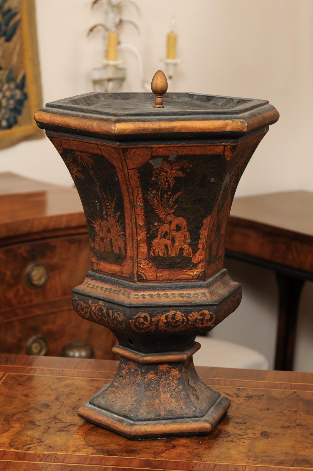 Pair of Chinoiserie Decorated Tole Urns, Late 19th Century In Good Condition For Sale In Atlanta, GA