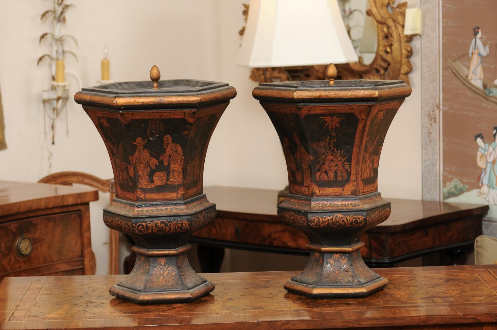 Pair of Chinoiserie Decorated Tole Urns, Late 19th Century For Sale 2