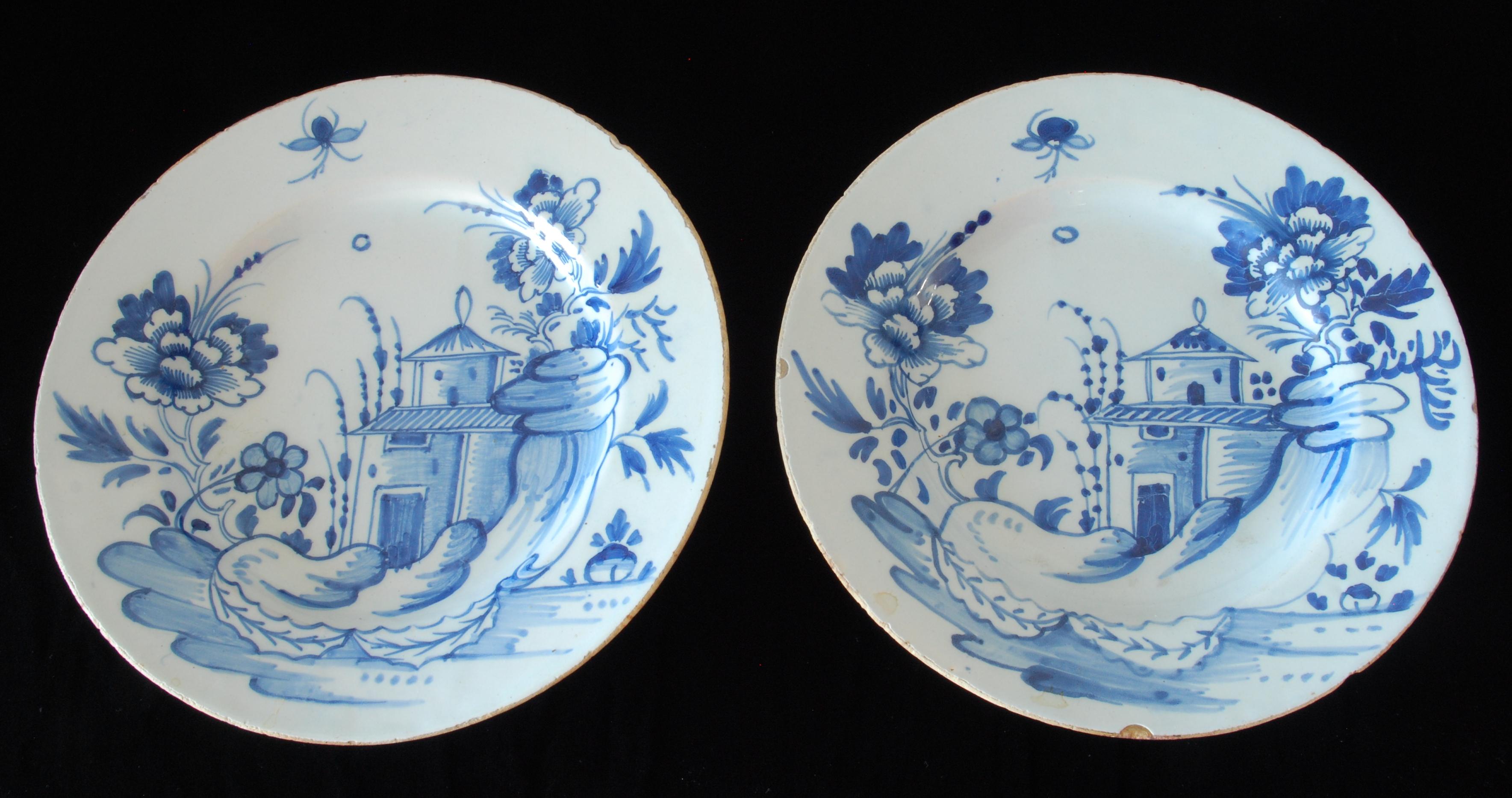 A pair of plates painted with a pagoda in a garden after a contemporary Chinese model.

English Delftware is considered to be one of the most important forms of English ceramic production of the period, and it had a major influence on the
