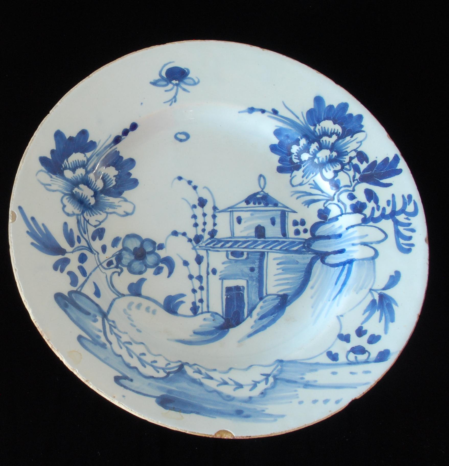 English Pair of Chinoiserie Delft plates. England C1760 For Sale