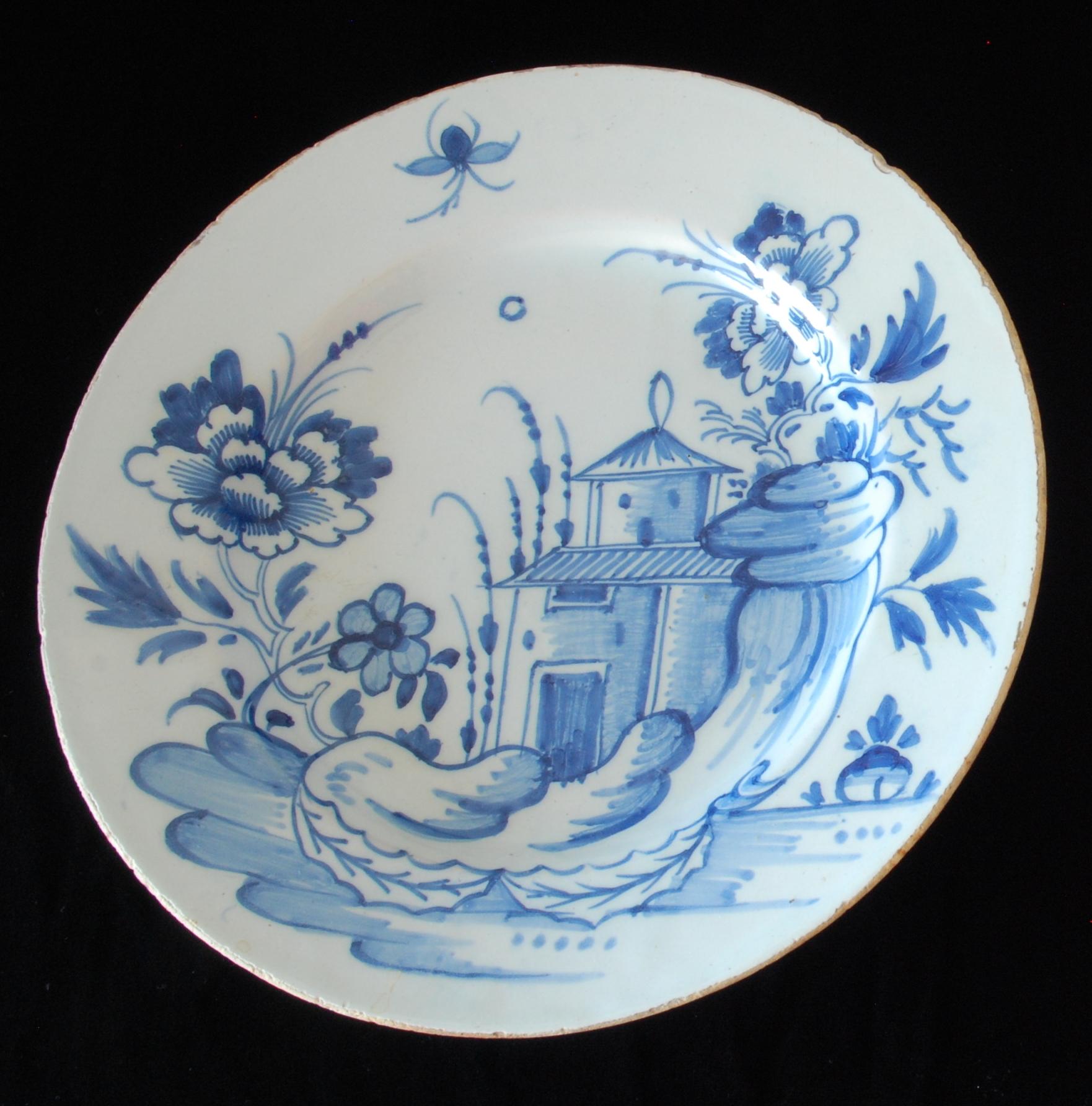 Turned Pair of Chinoiserie Delft plates. England C1760 For Sale