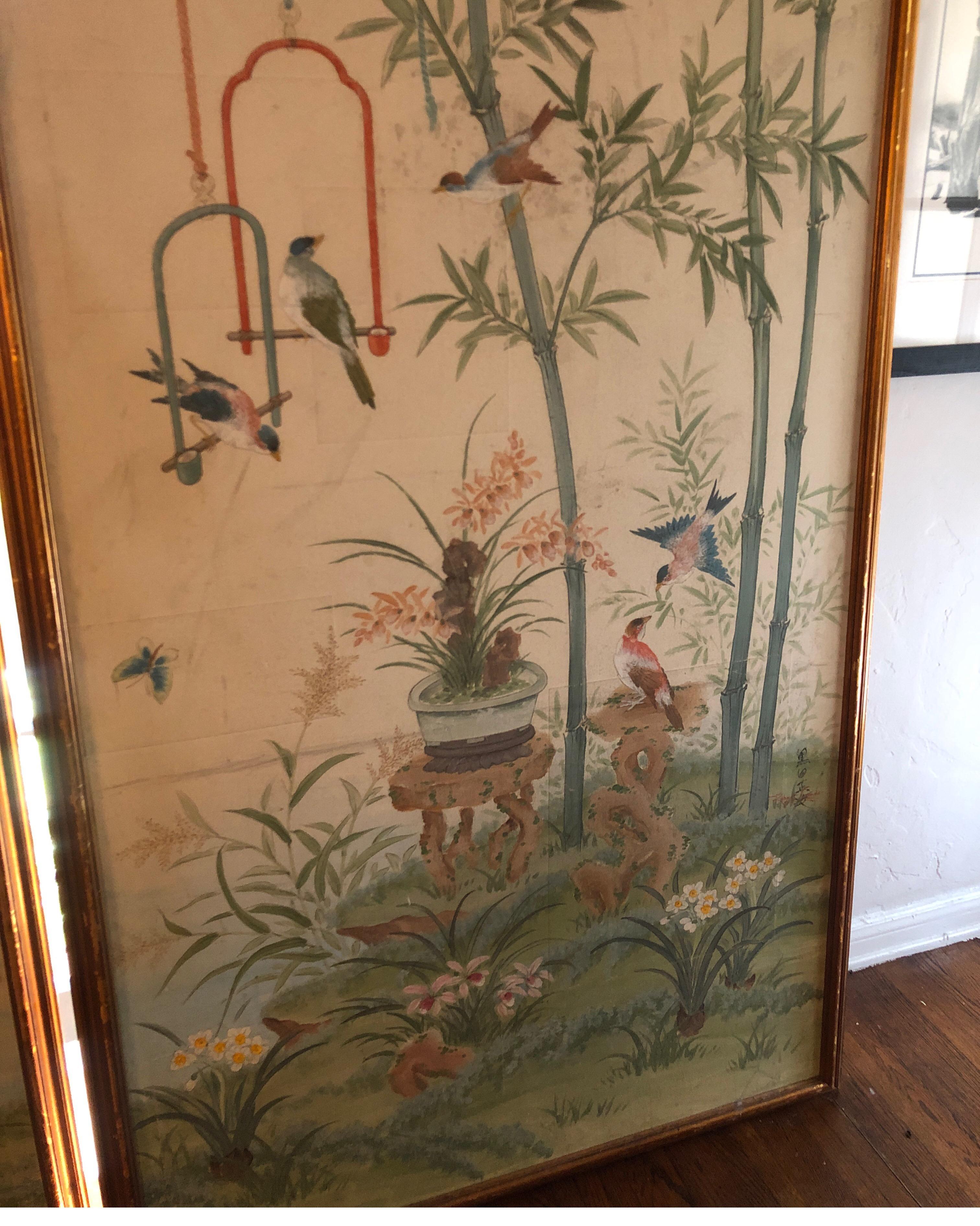 Wood Pair of Chinoiserie Hand Painted Panels by Robert Crowder