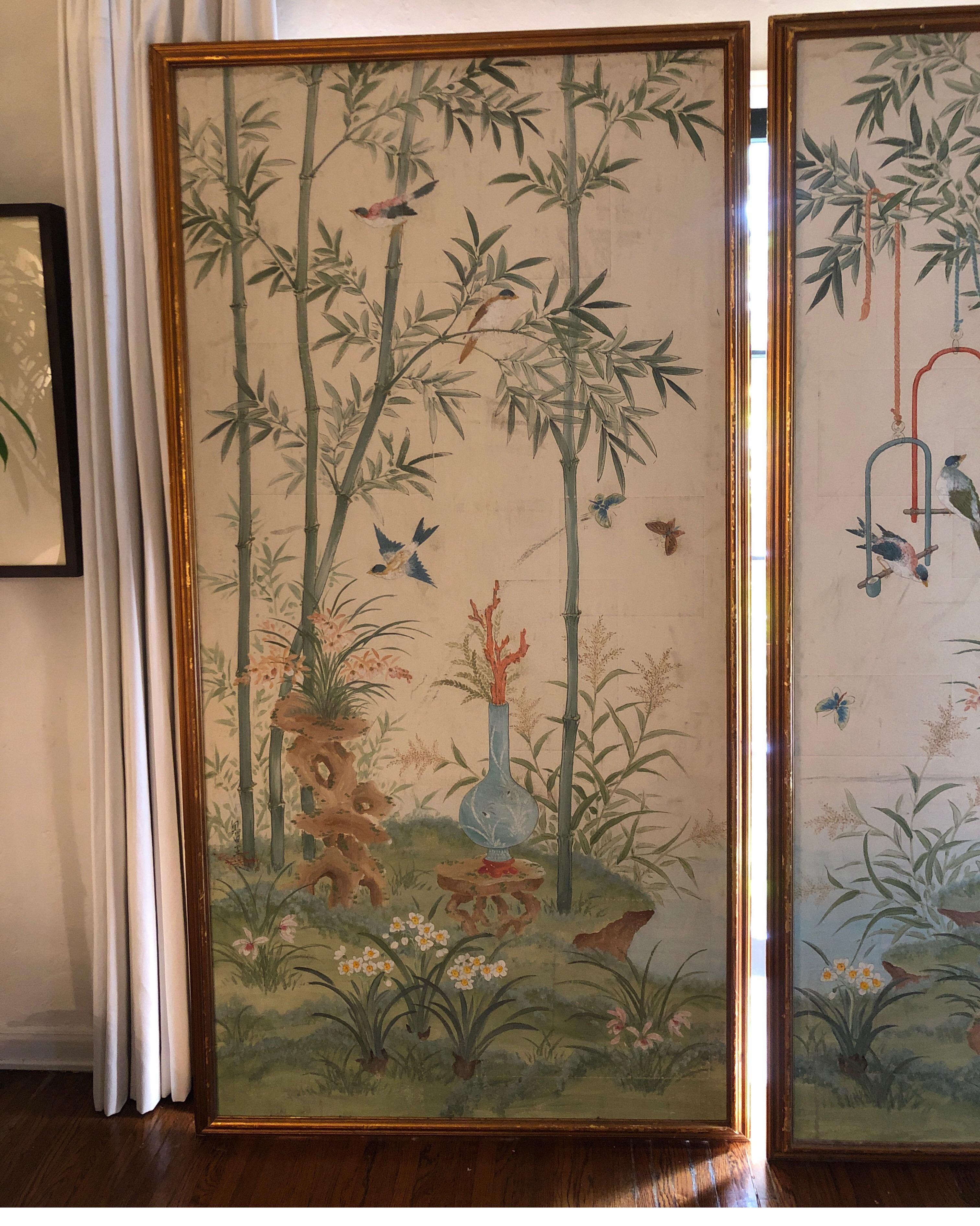 Hollywood Regency Pair of Chinoiserie Hand Painted Panels by Robert Crowder