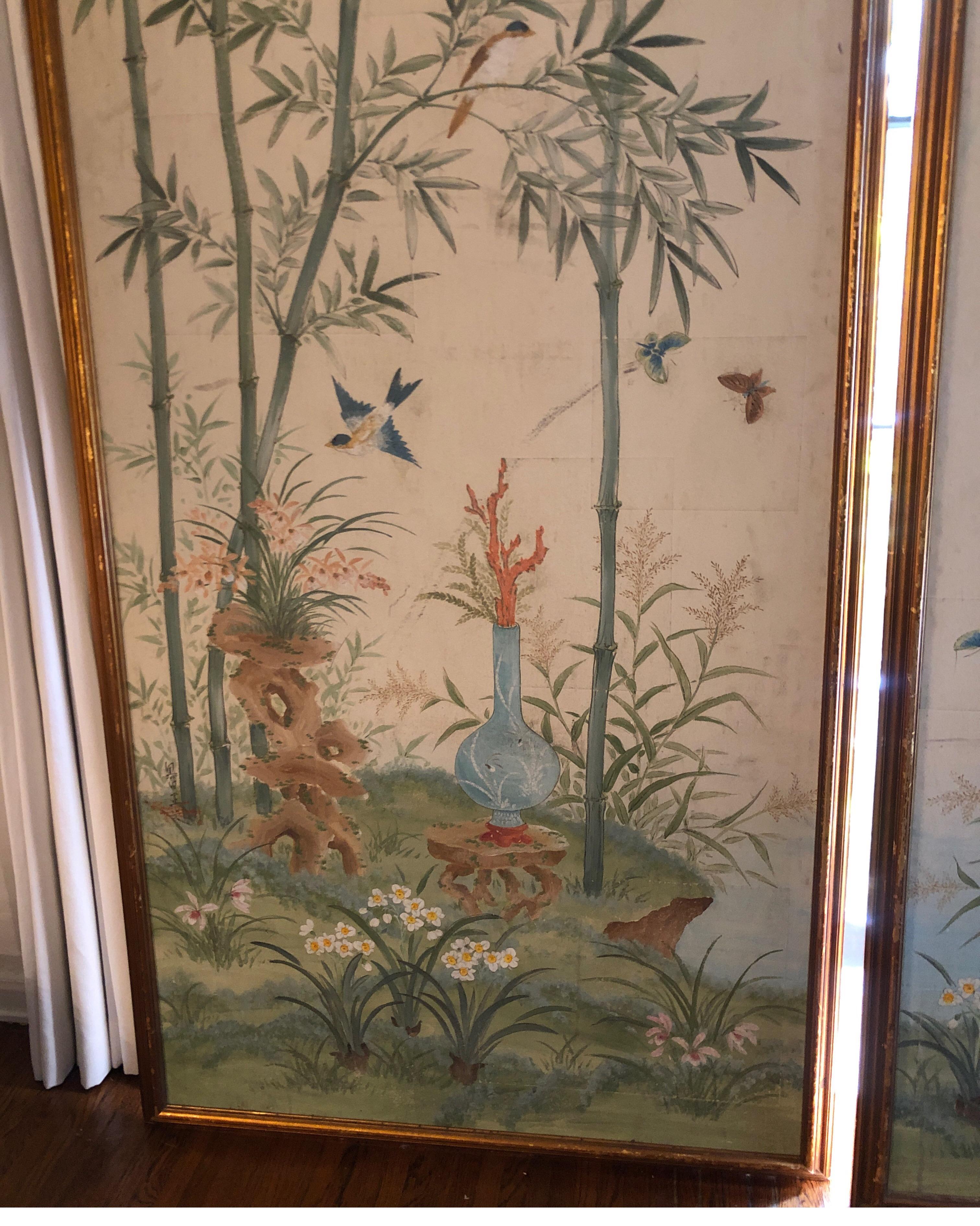 Pair of Chinoiserie Hand Painted Panels by Robert Crowder In Good Condition In Los Angeles, CA
