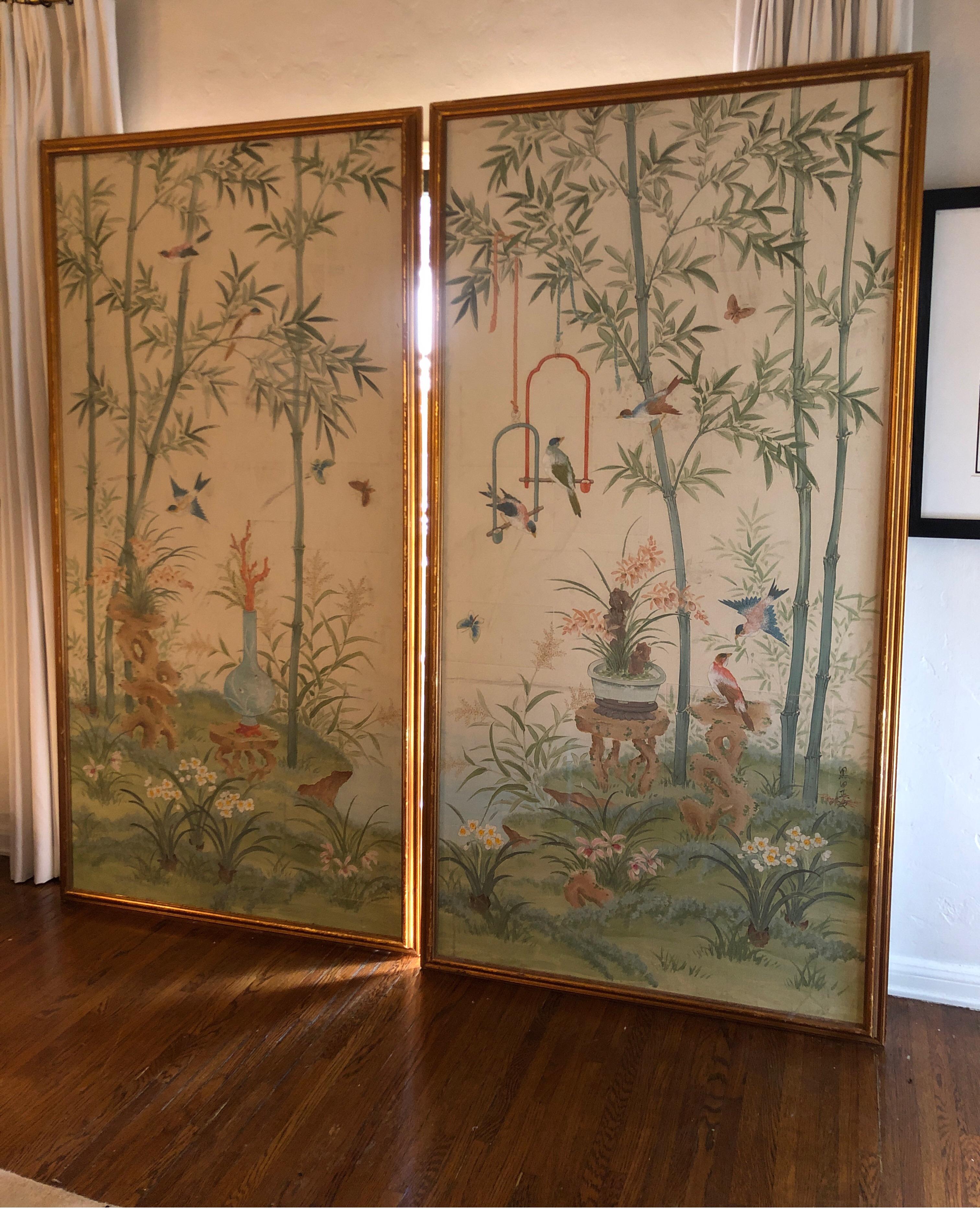 20th Century Pair of Chinoiserie Hand Painted Panels by Robert Crowder