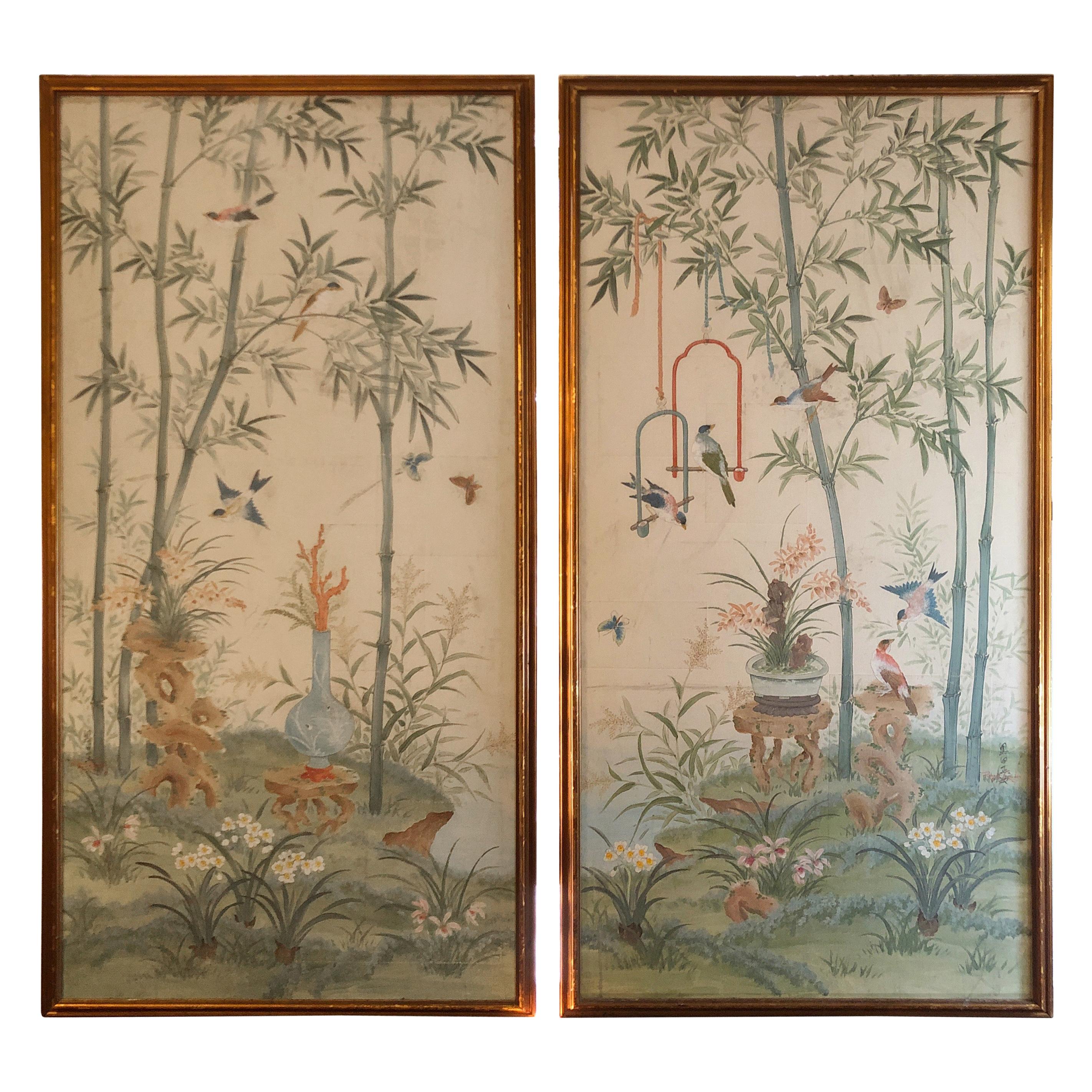 Pair of Chinoiserie Hand Painted Panels by Robert Crowder