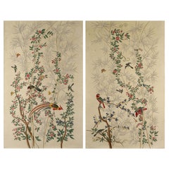 Coppia di pannelli di carta dipinti a mano Chinoiserie, acquerello su carta