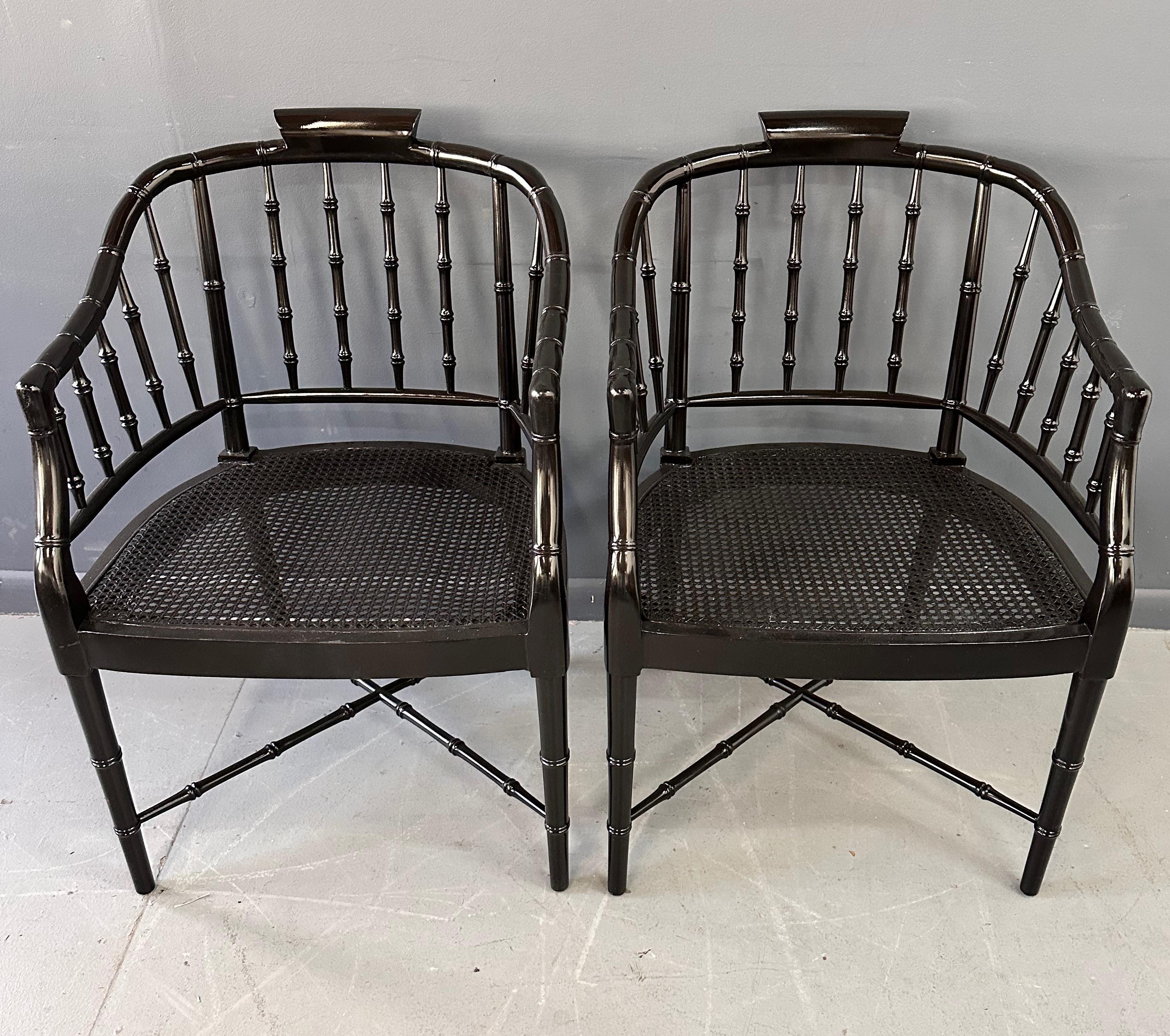 Pair of Chinoiserie Hollywood Regency Faux Bamboo Armchairs in Black by Baker In Good Condition For Sale In Philadelphia, PA