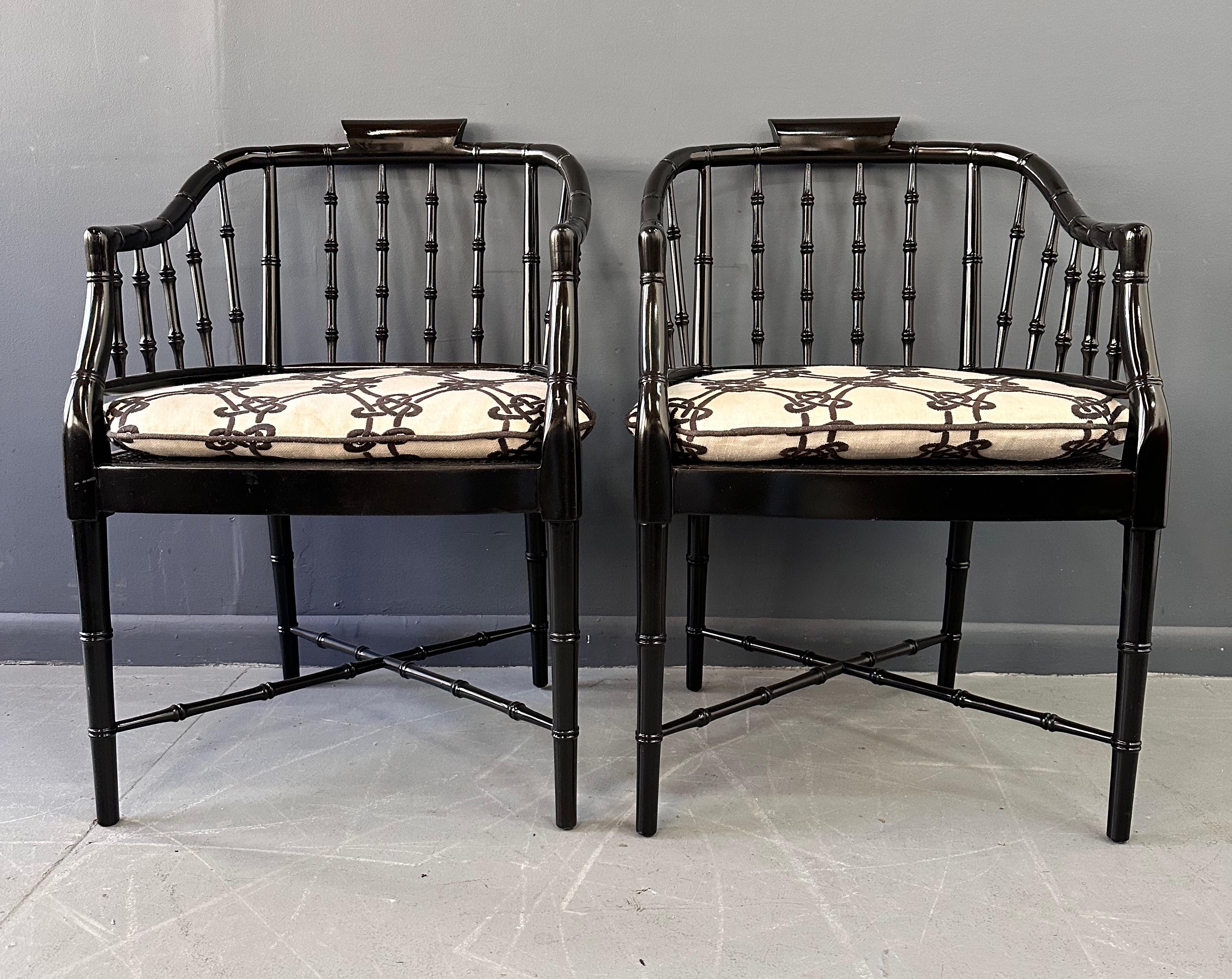 Wood Pair of Chinoiserie Hollywood Regency Faux Bamboo Armchairs in Black by Baker For Sale