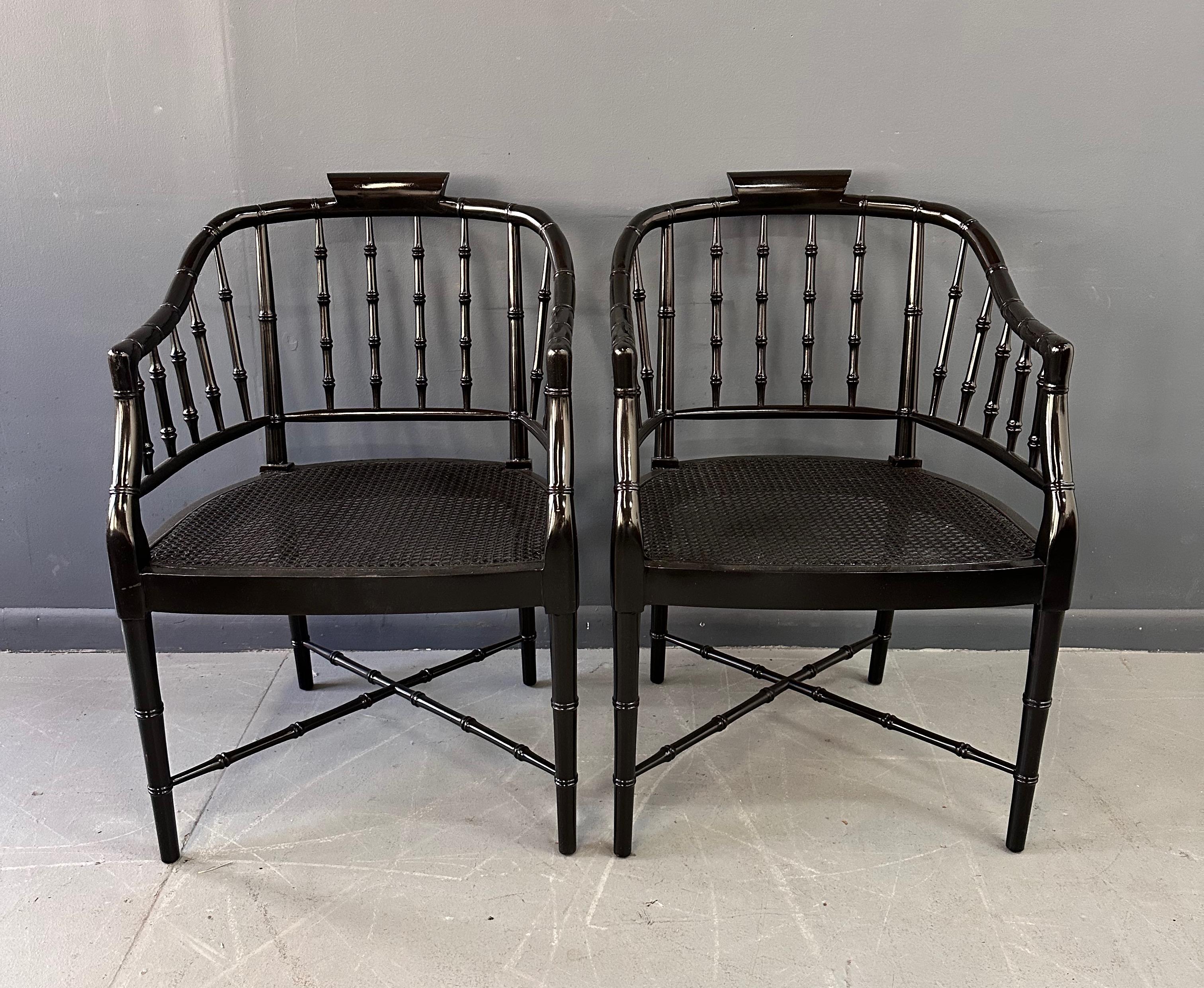 Pair of Chinoiserie Hollywood Regency Faux Bamboo Armchairs in Black by Baker For Sale 2