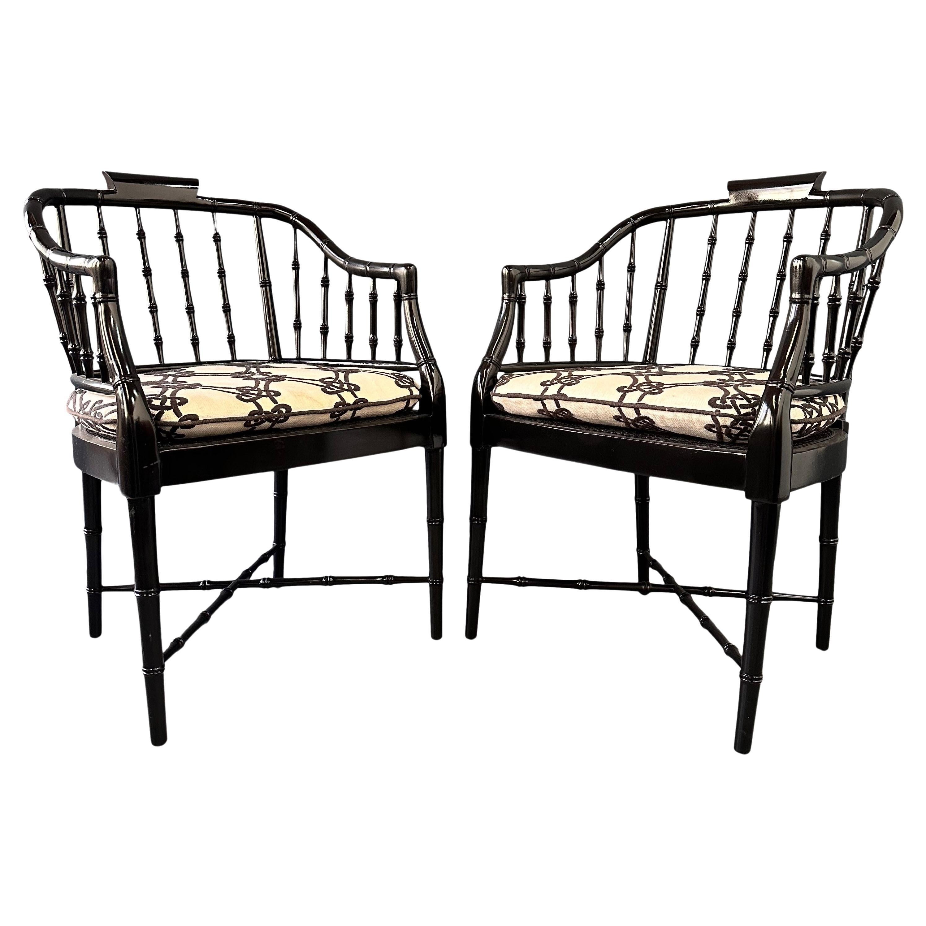 Pair of Chinoiserie Hollywood Regency Faux Bamboo Armchairs in Black by Baker For Sale