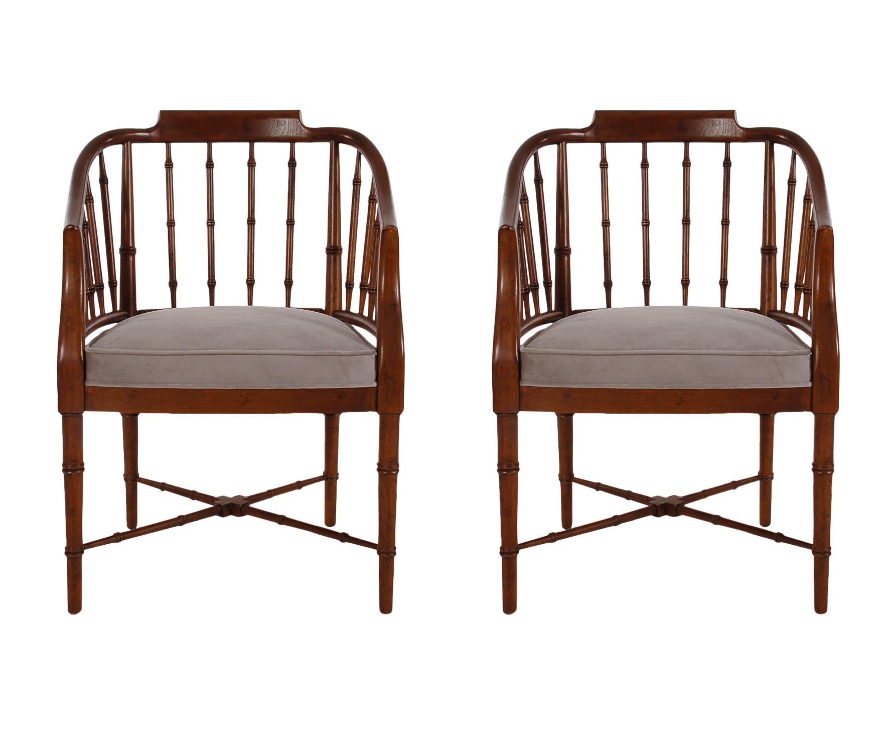 American Pair of Chinoiserie Hollywood Regency Faux Bamboo Armchairs in Walnut by Baker