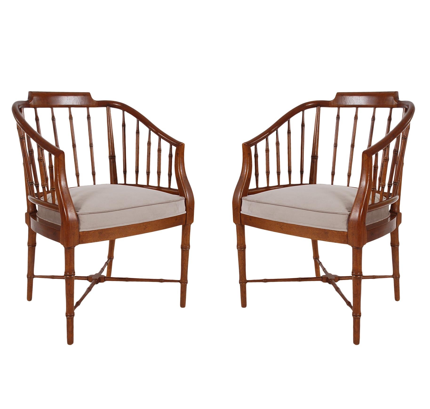 Pair of Chinoiserie Hollywood Regency Faux Bamboo Armchairs in Walnut by Baker