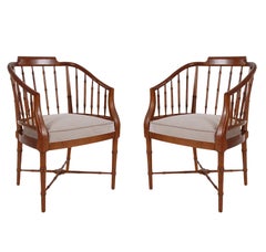 Pair of Chinoiserie Hollywood Regency Faux Bamboo Armchairs in Walnut by Baker