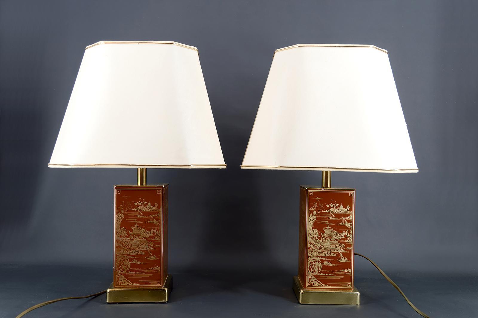 Français Paire de lampes Chinoiserie / Japonisme, style Hollywood Regency, France, années 1970 en vente