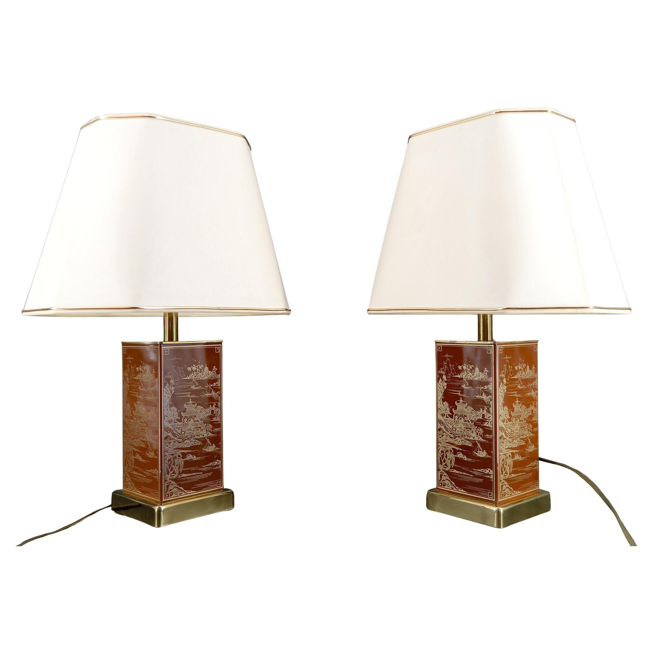 Paire de lampes Chinoiserie / Japonisme, style Hollywood Regency, France, années 1970 en vente