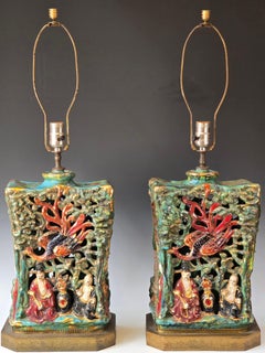 Pair of Chinoiserie Majolica Lamps by Eugenio Pattarino