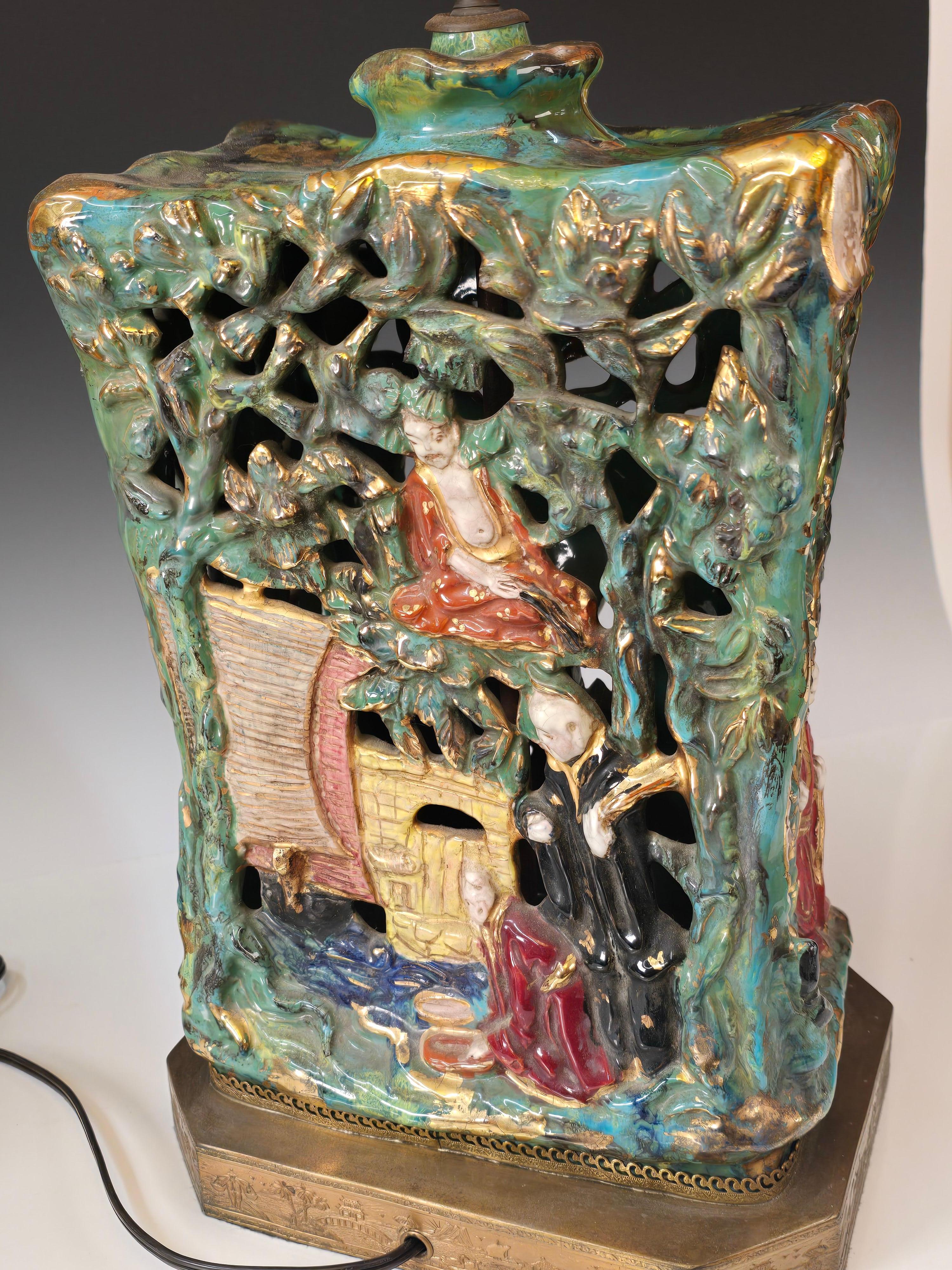 Vernissé Paire de lampes en majolique de style Chinoiserie d'Eugenio Pattarino en vente