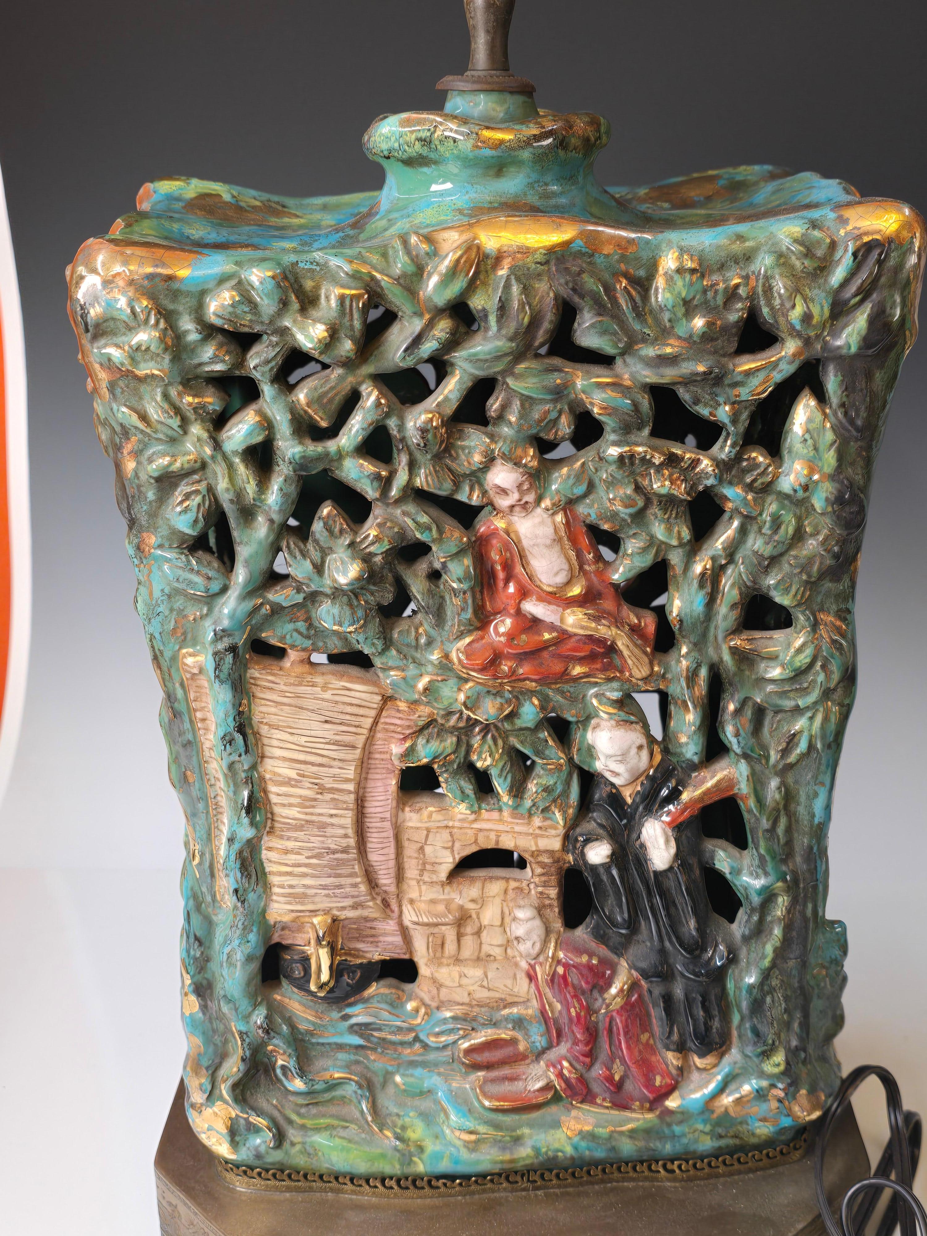 Paire de lampes en majolique de style Chinoiserie d'Eugenio Pattarino Bon état - En vente à Kilmarnock, VA