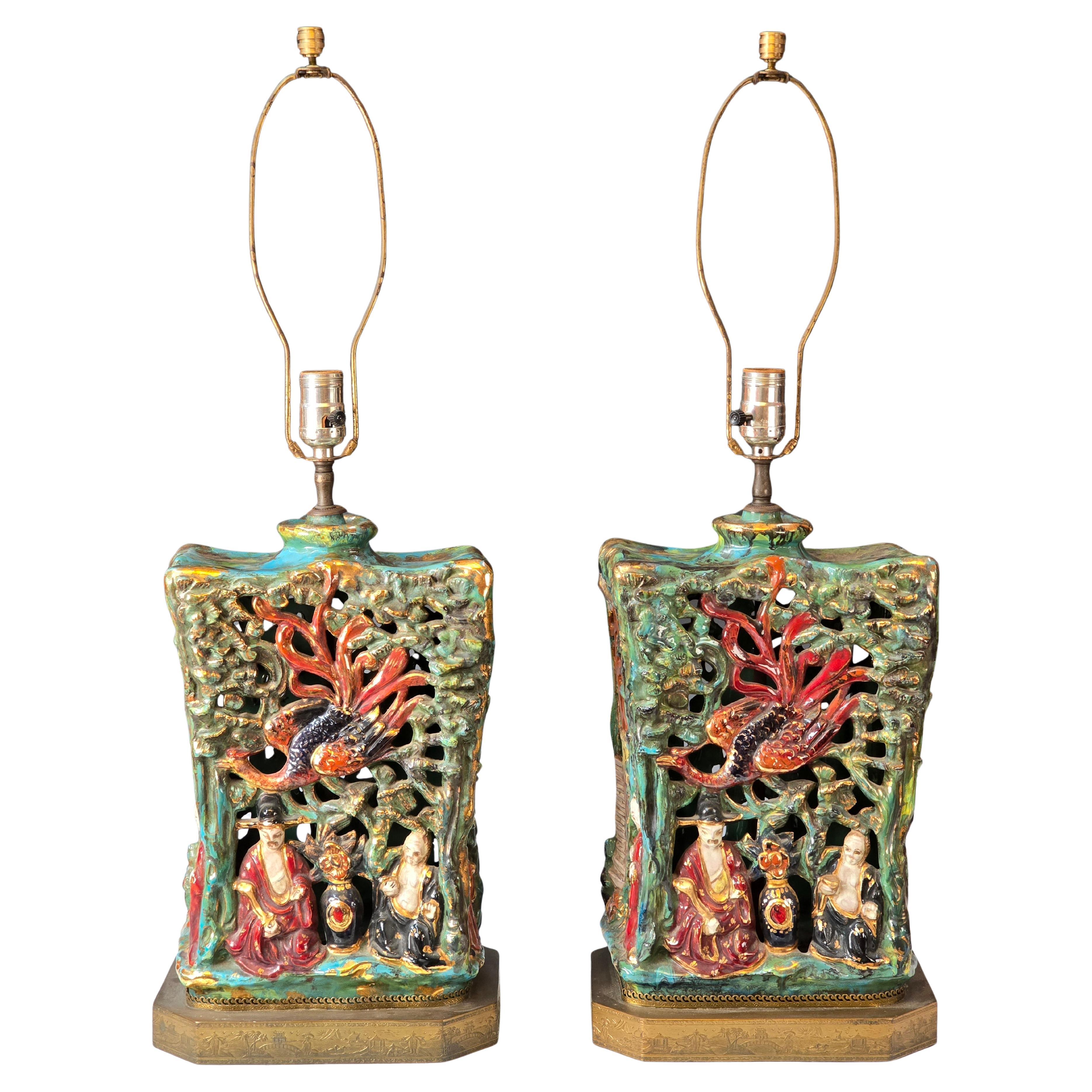 Coppia di lampade in maiolica a cineserie di Eugenio Pattarino