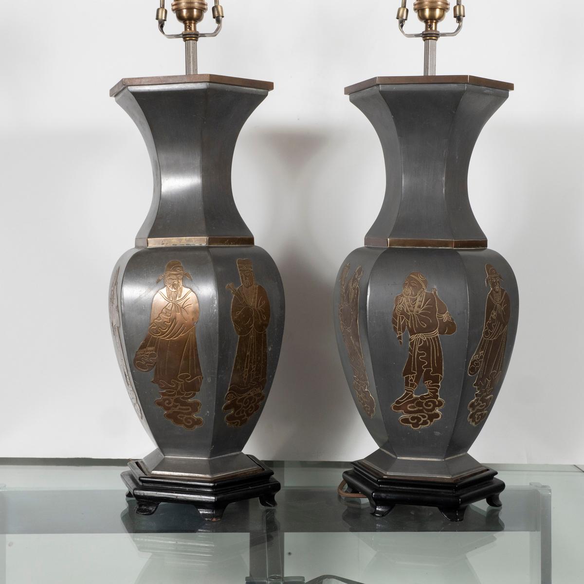 Enameled Pair of Chinoiserie Motif Table Lamps For Sale