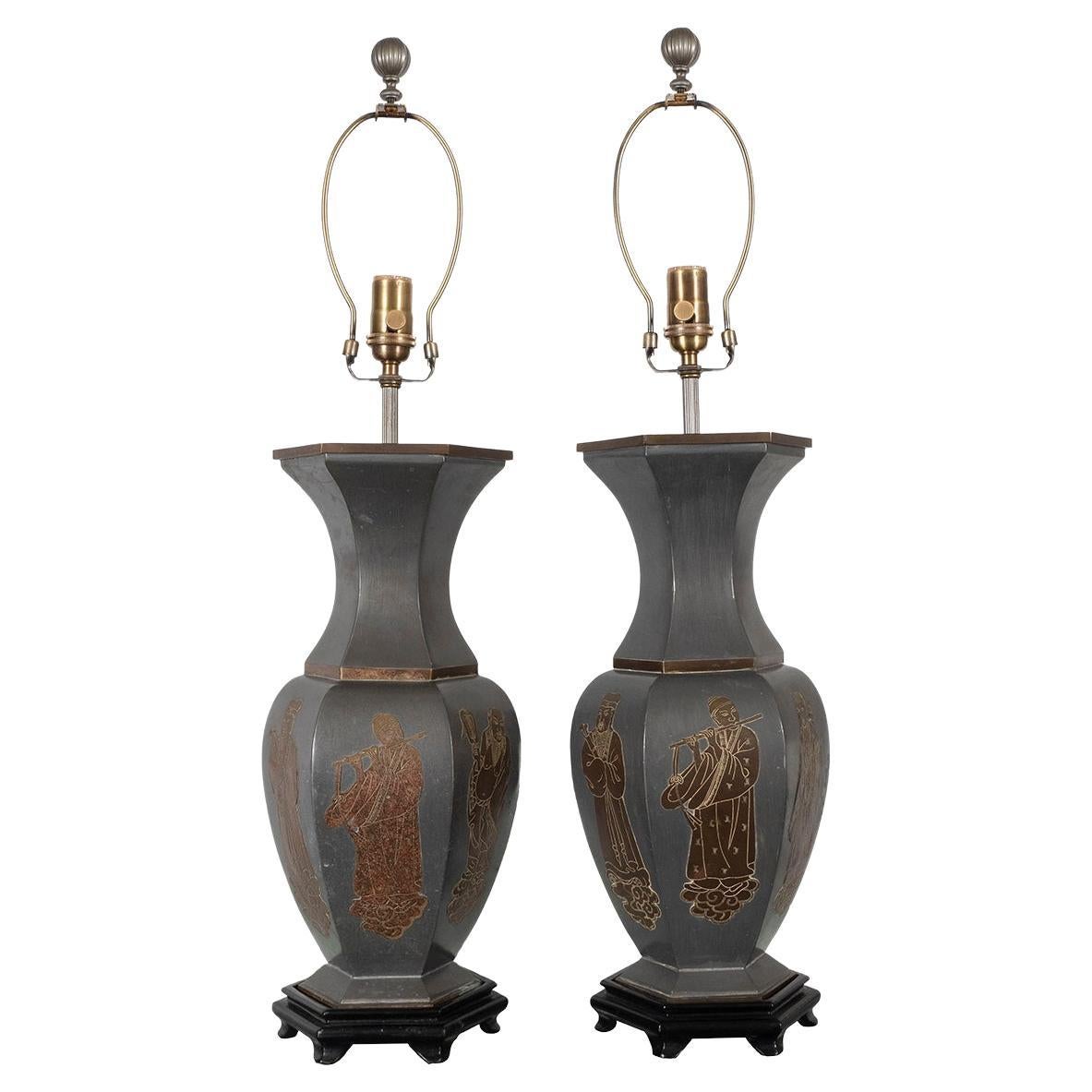 Paar Tischlampen mit Chinoiserie-Motiv